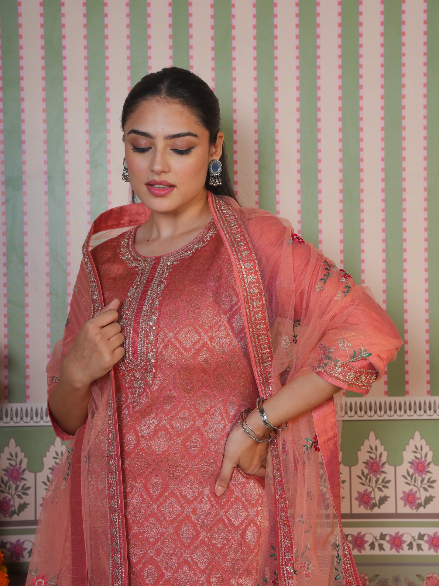 Embroidered Silk Jacquard Solid Peach Kurta