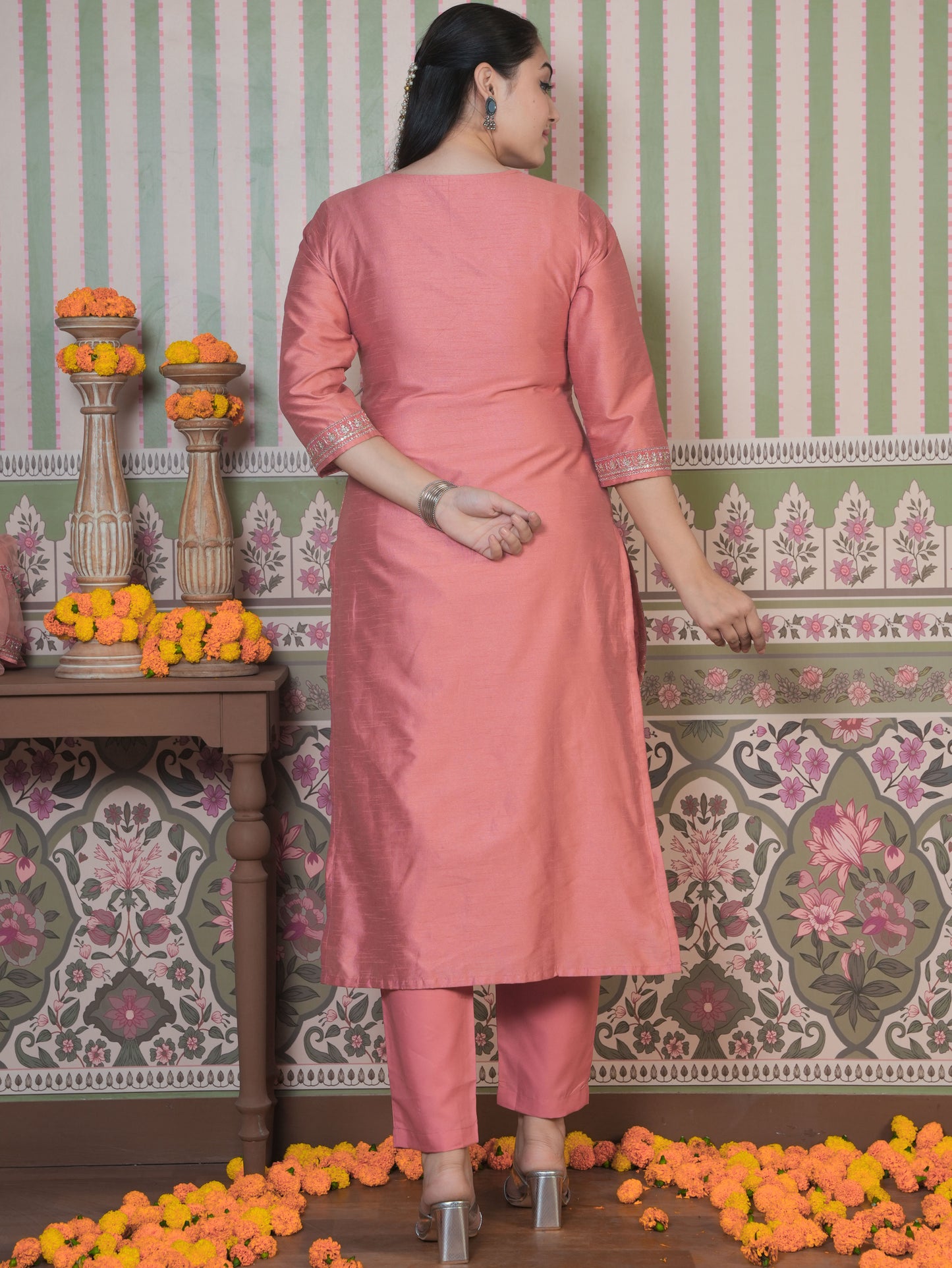 Embroidered Silk Jacquard Solid Peach Straight Kurta