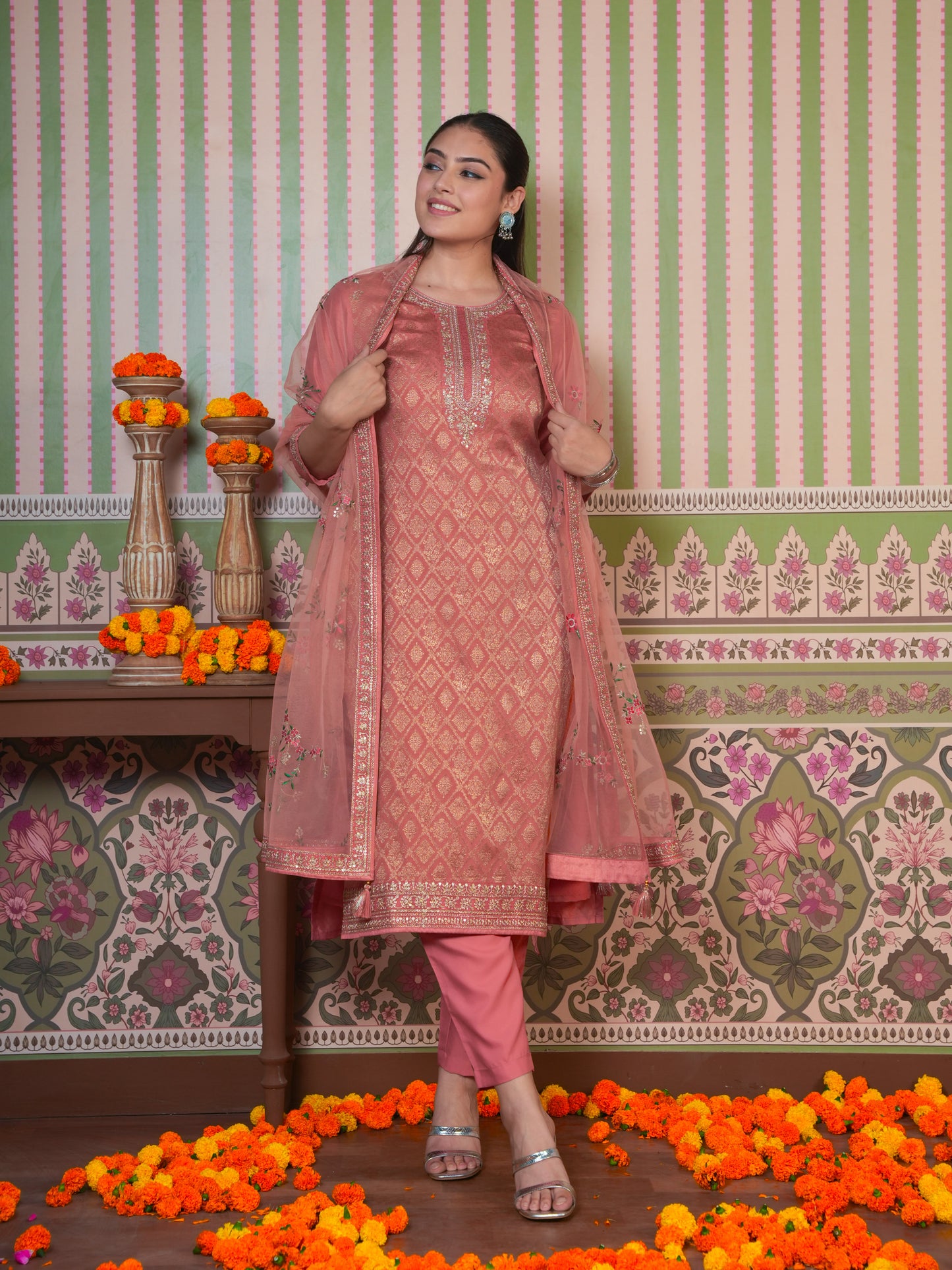 Embroidered Silk Jacquard Solid Peach Straight Kurta