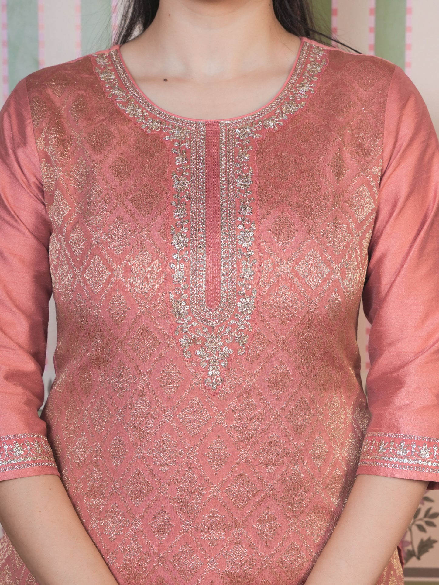 Embroidered Silk Jacquard Solid Peach Straight Kurta