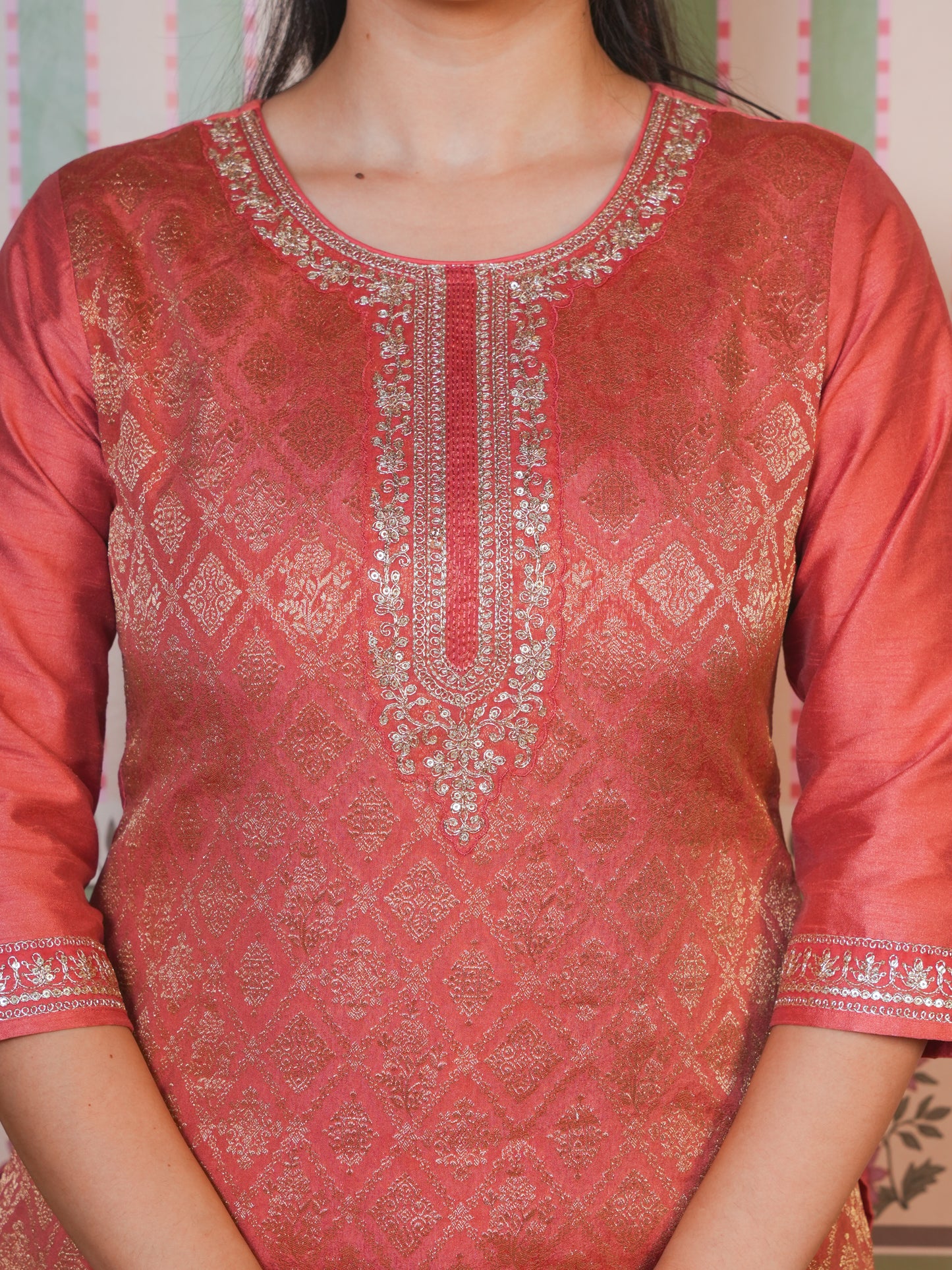 Embroidered Silk Jacquard Solid Peach Kurta