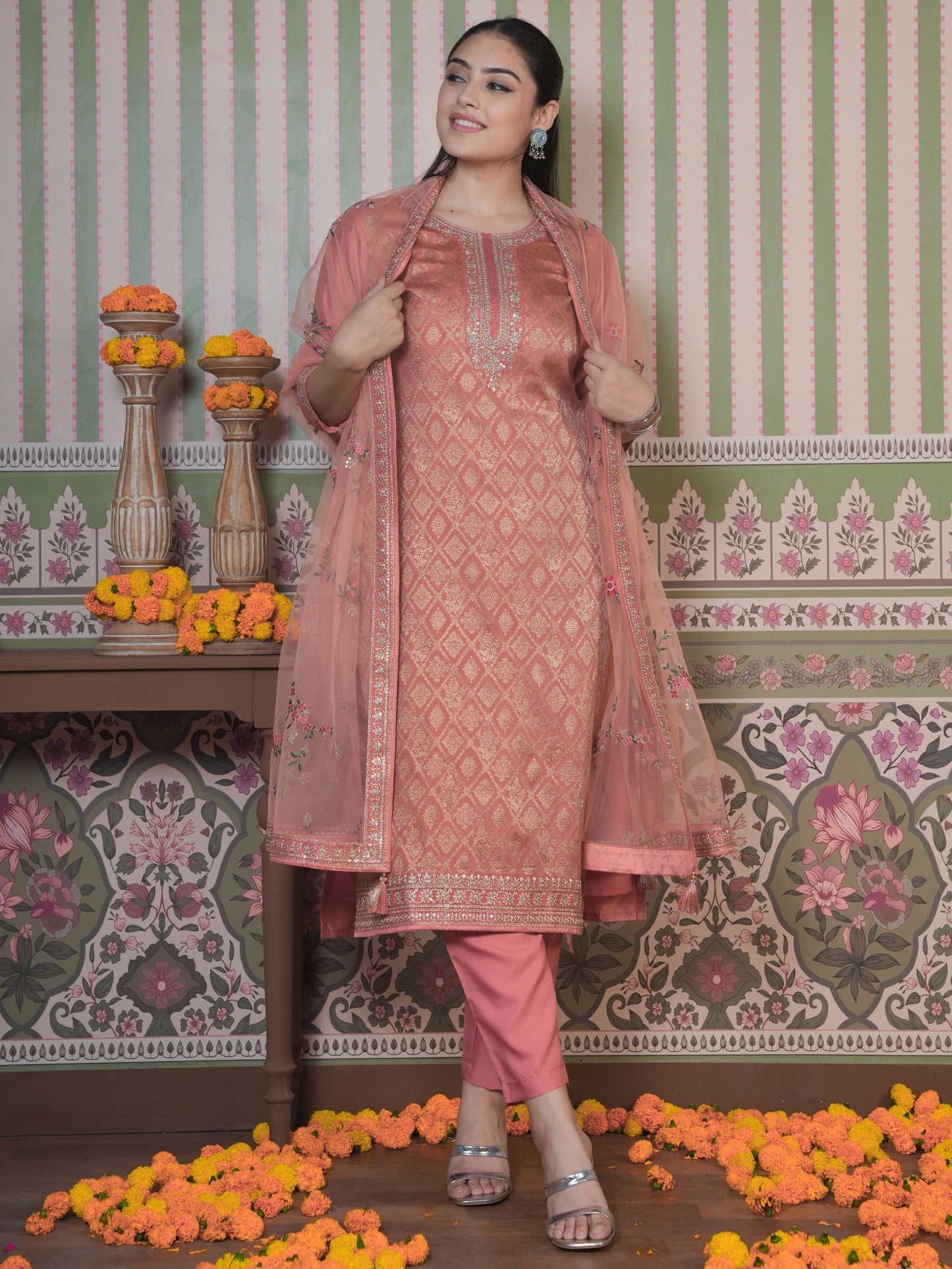 Embroidered Silk Jacquard Solid Peach Straight Kurta
