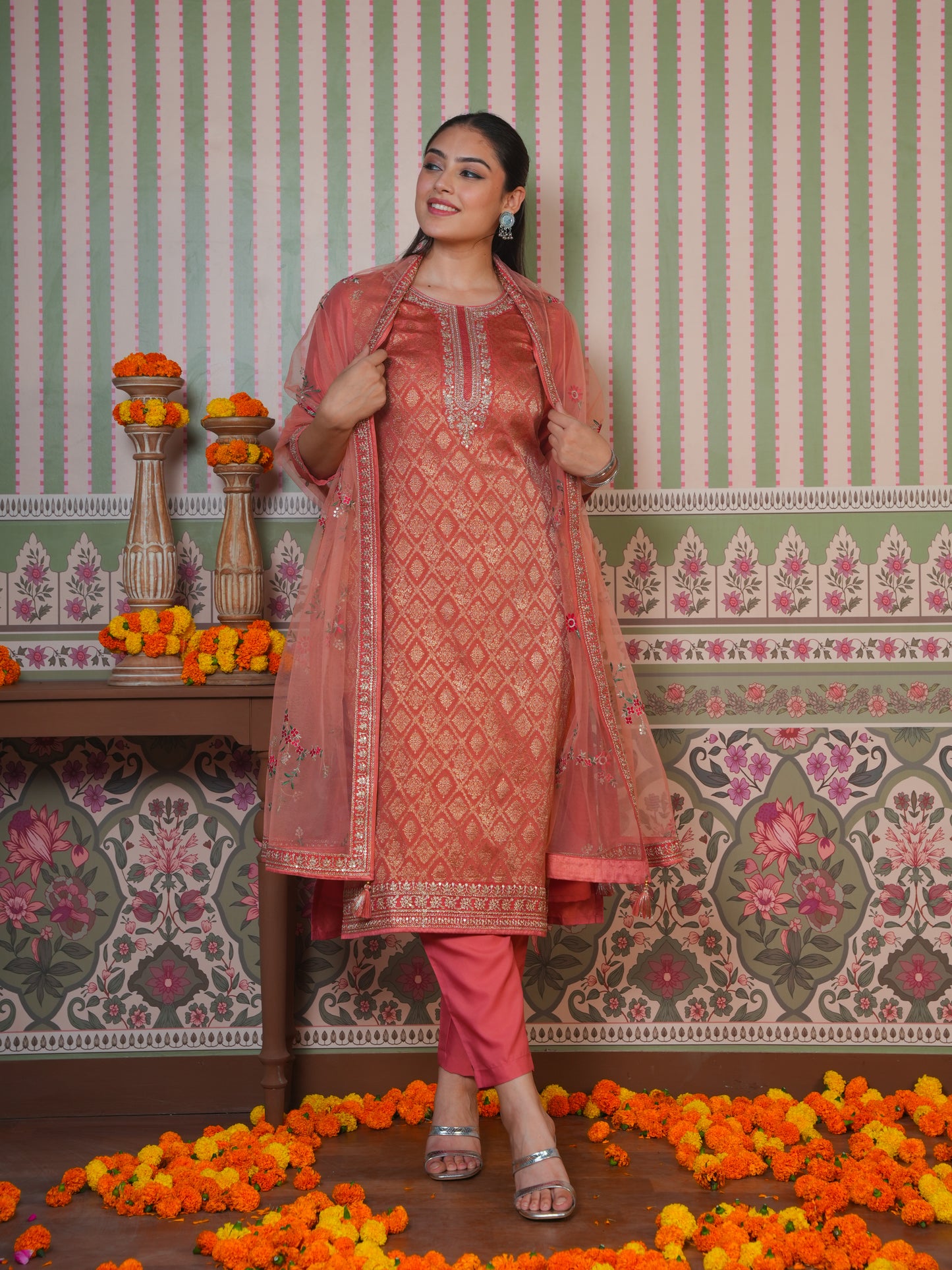 Embroidered Silk Jacquard Solid Peach Kurta