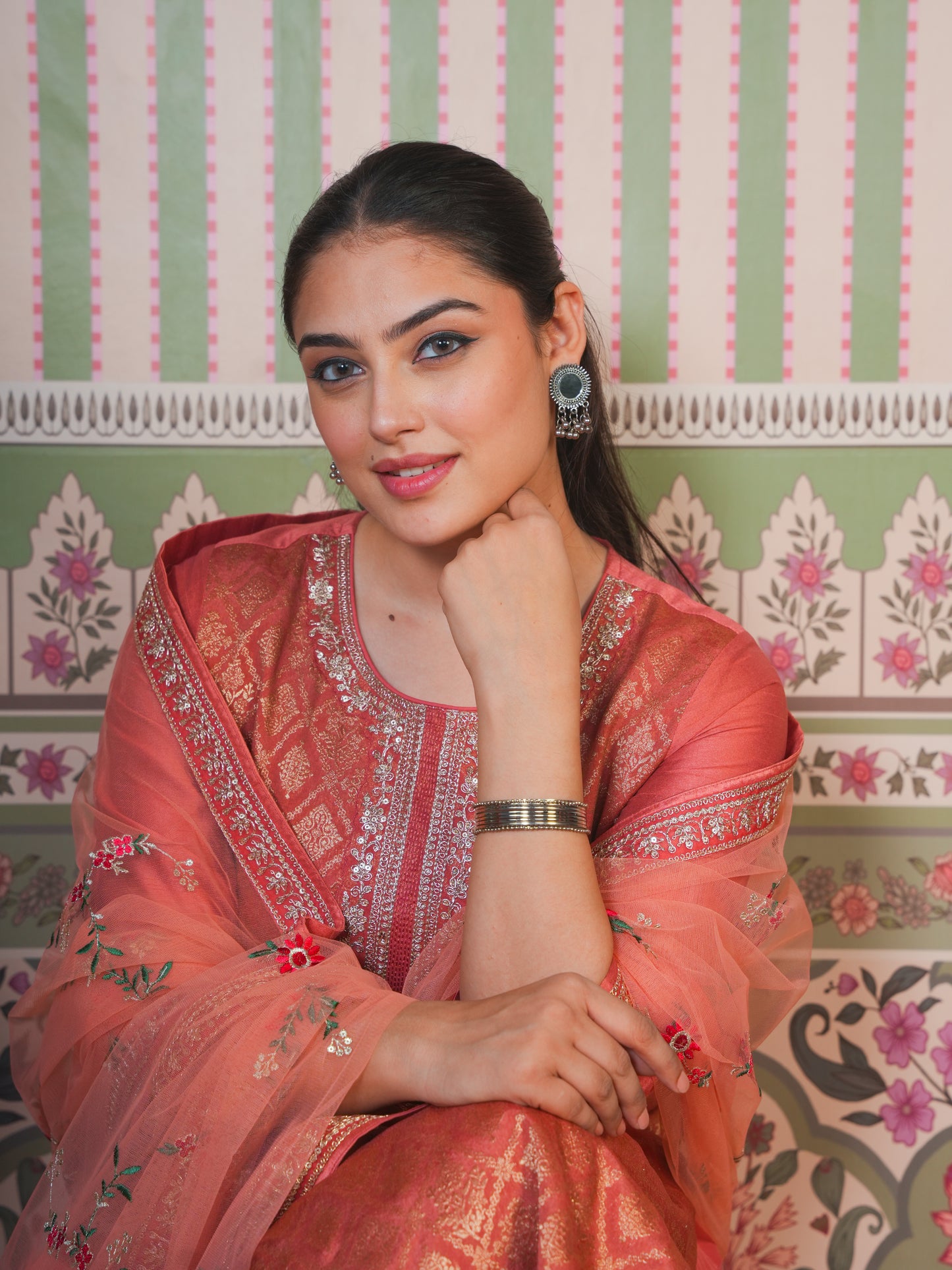 Embroidered Silk Jacquard Solid Peach Kurta