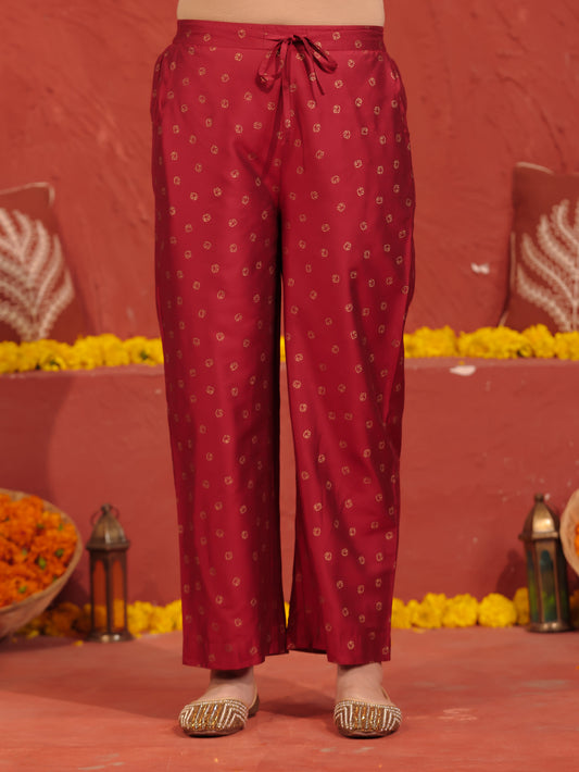 Chanderi Gold foil Red Straight Trousers