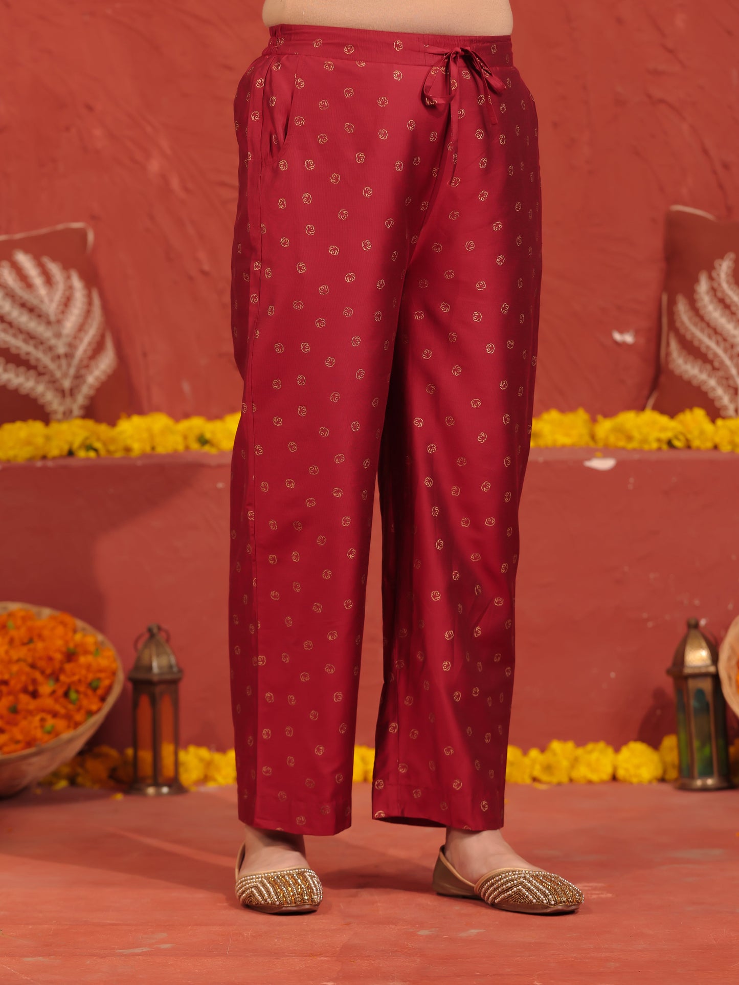 Chanderi Gold foil Red Straight Trousers