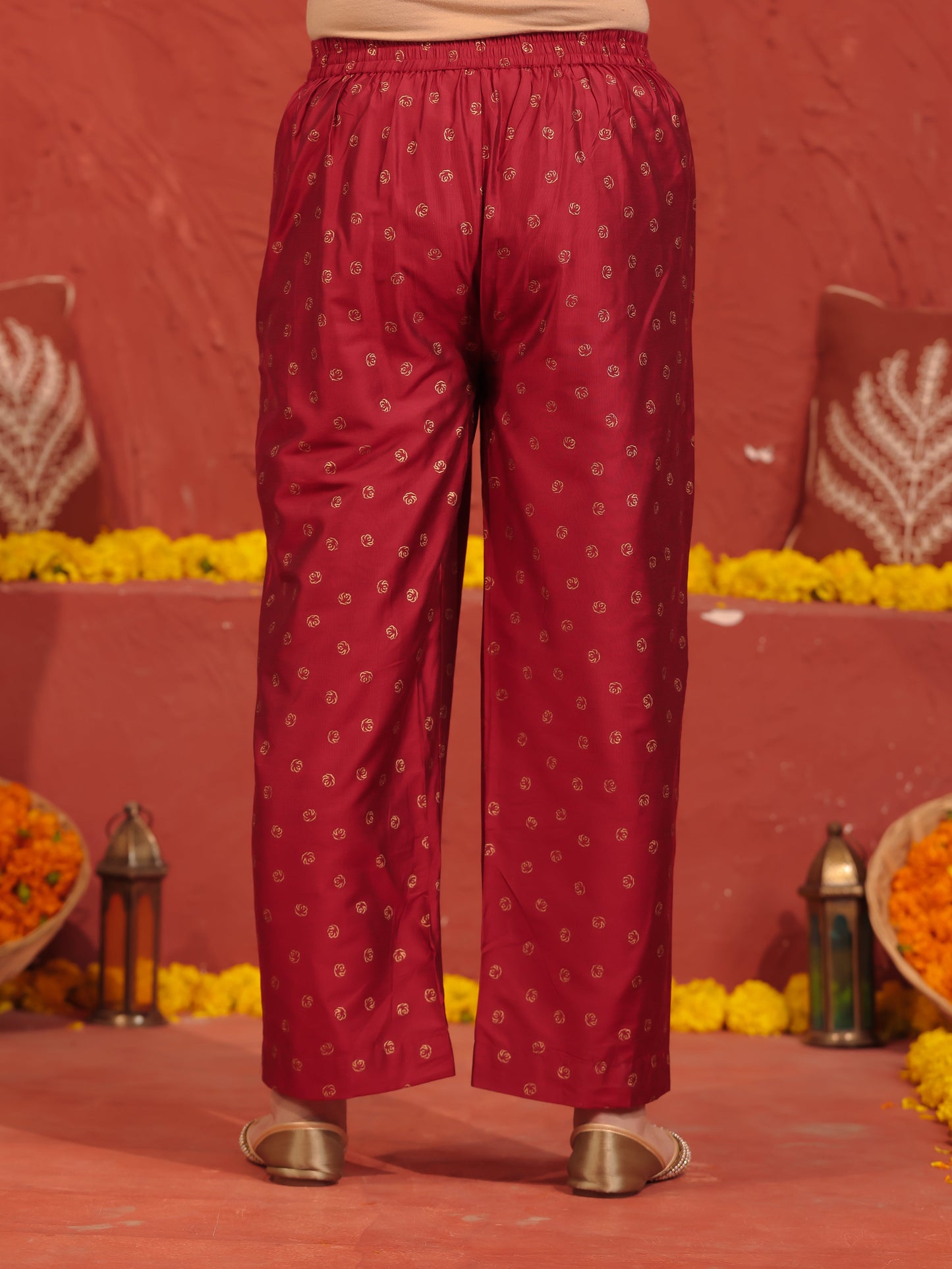 Chanderi Gold foil Red Straight Trousers