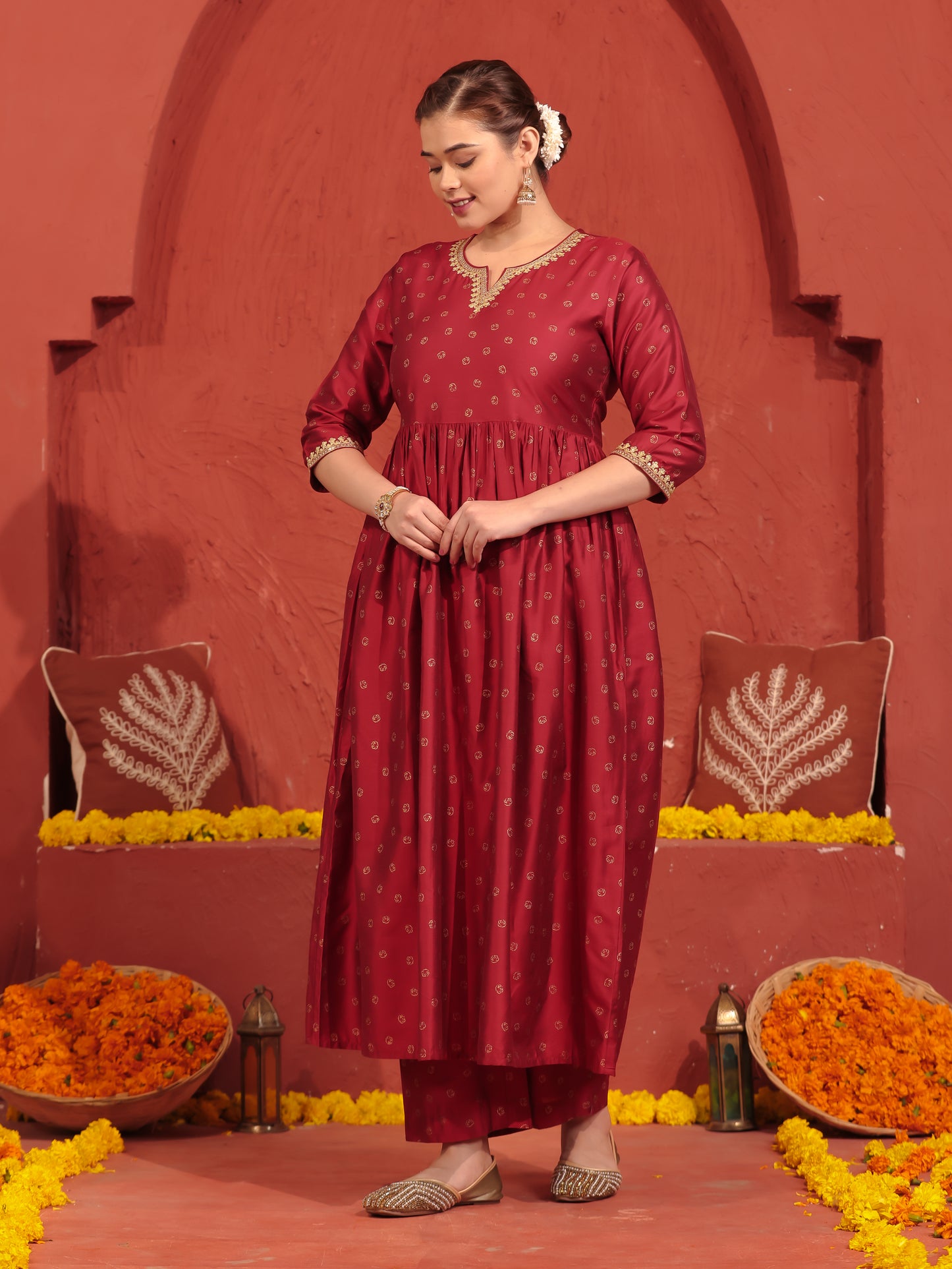Embroidered Roman silk Gold foil Red Kurta