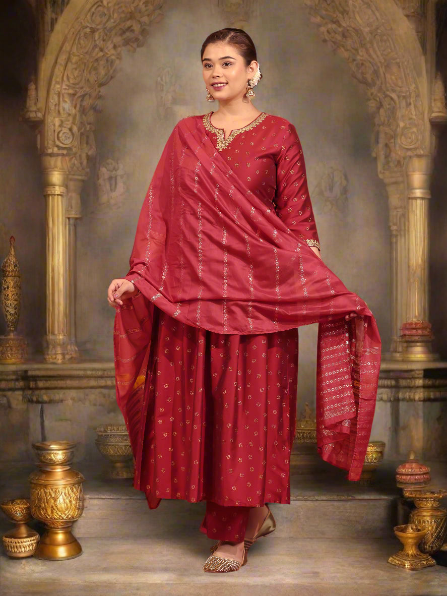 Embroidered Roman silk Gold foil Red Kurta