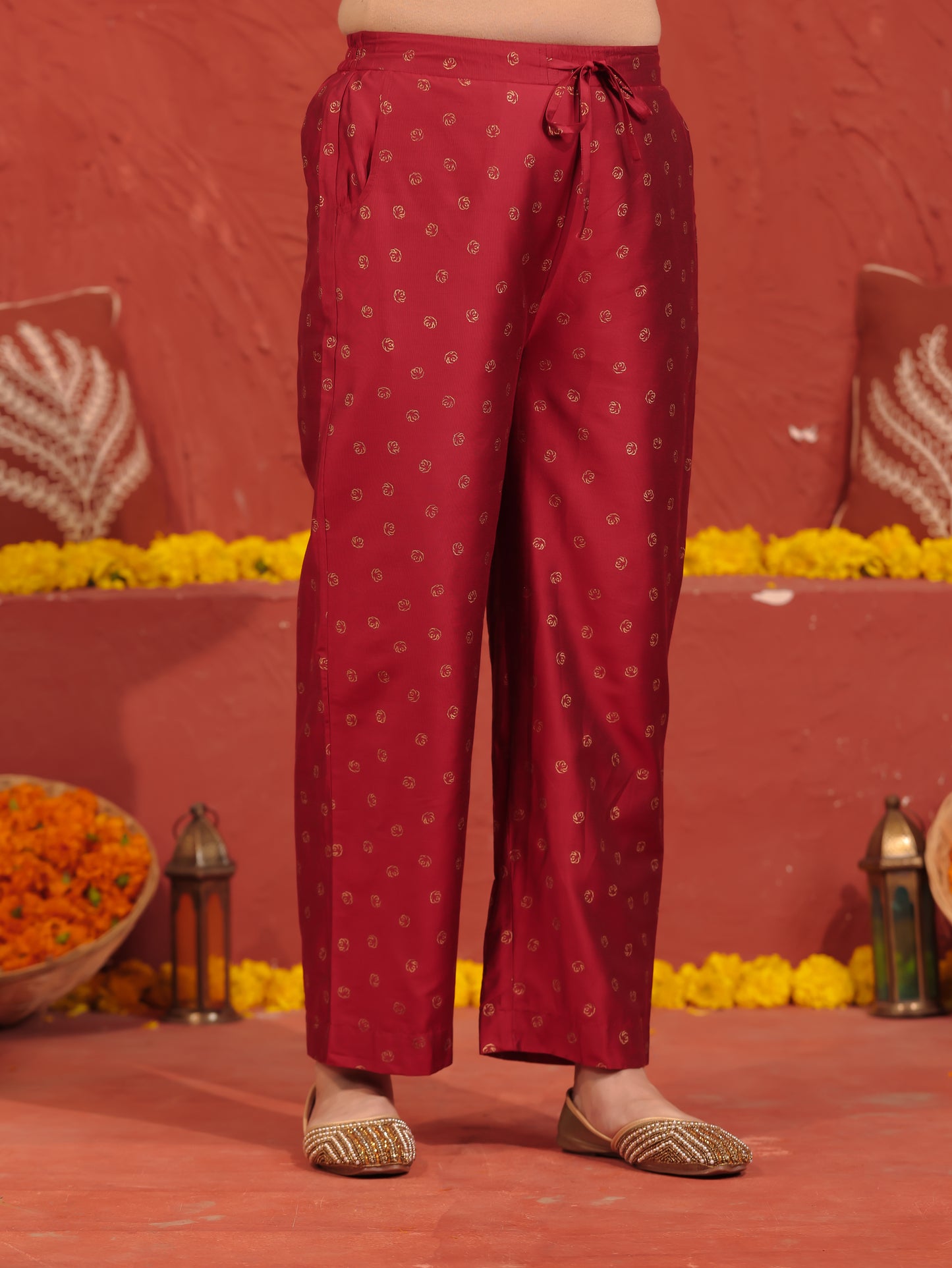 Embroidered Roman silk Gold foil Red Kurta