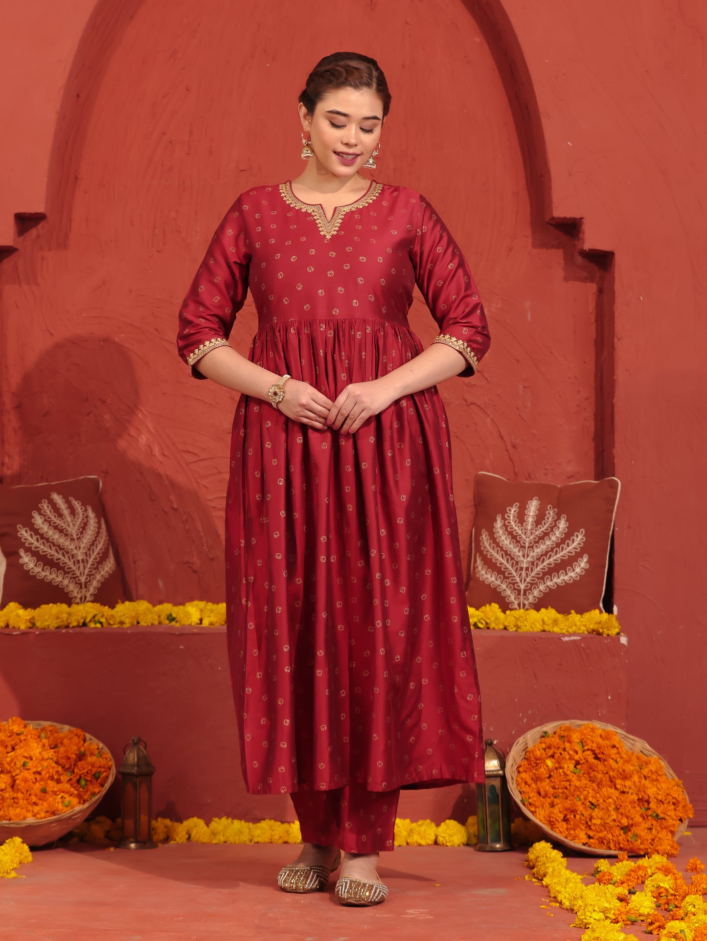 Embroidered Roman silk Gold foil Red Kurta