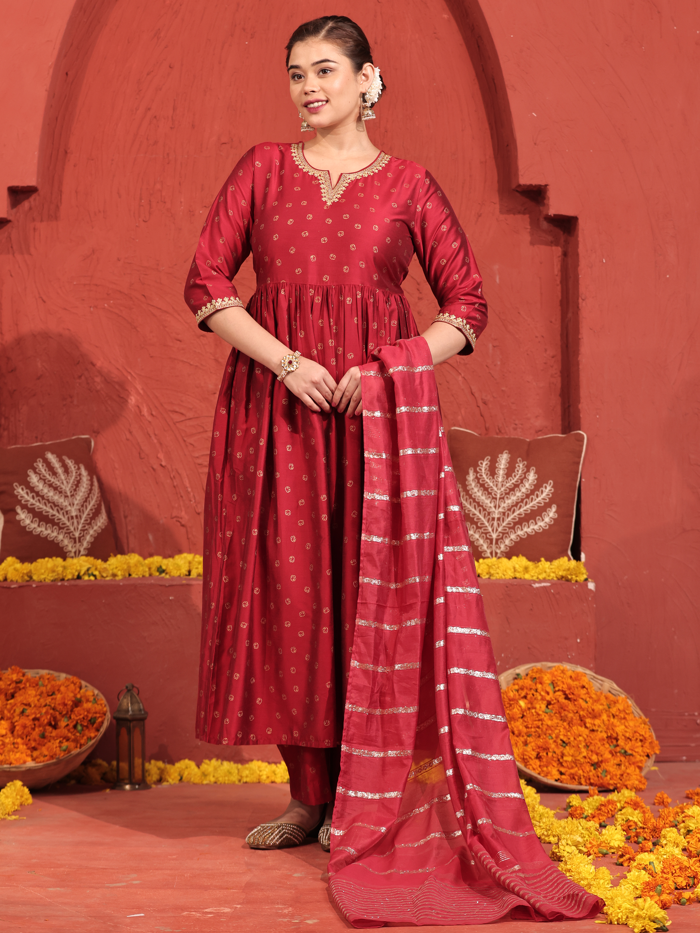 Embroidered Roman silk Gold foil Red Kurta