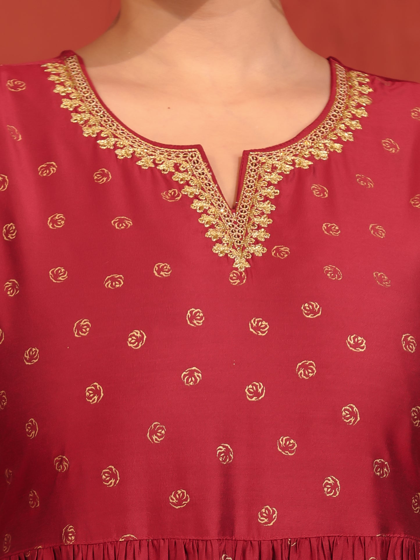 Embroidered Roman silk Gold foil Red Kurta