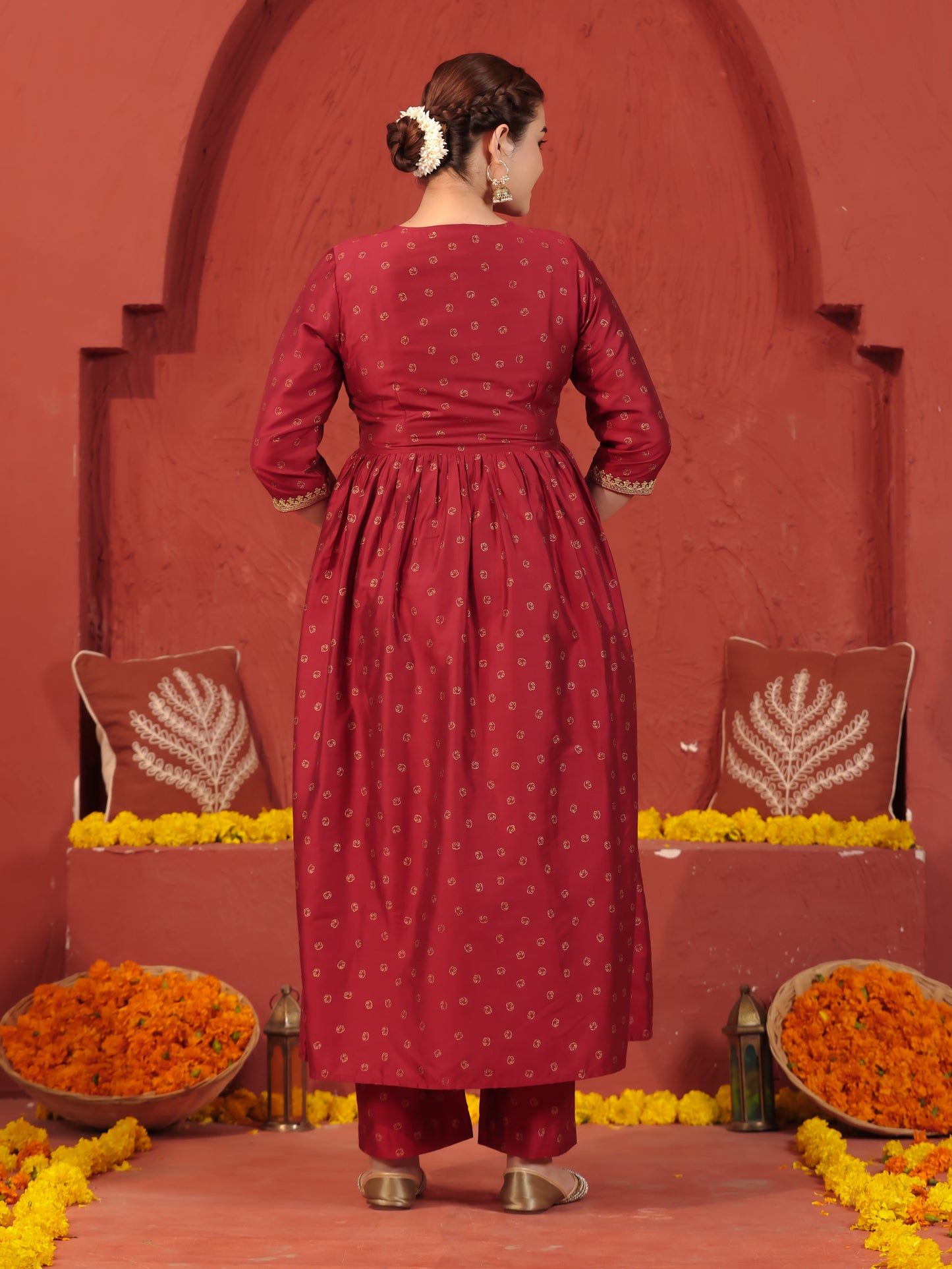 Embroidered Roman silk Gold foil Red Kurta