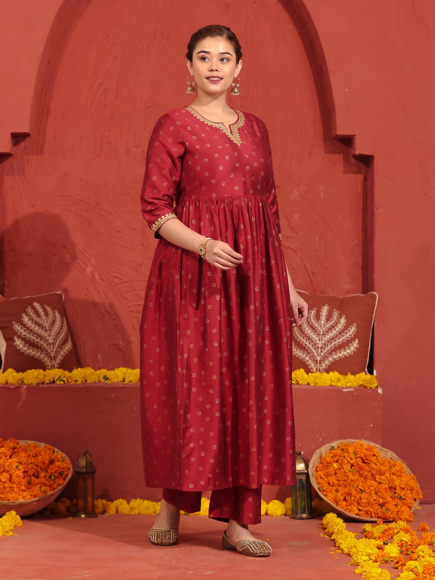 Embroidered Roman silk Gold foil Red Kurta