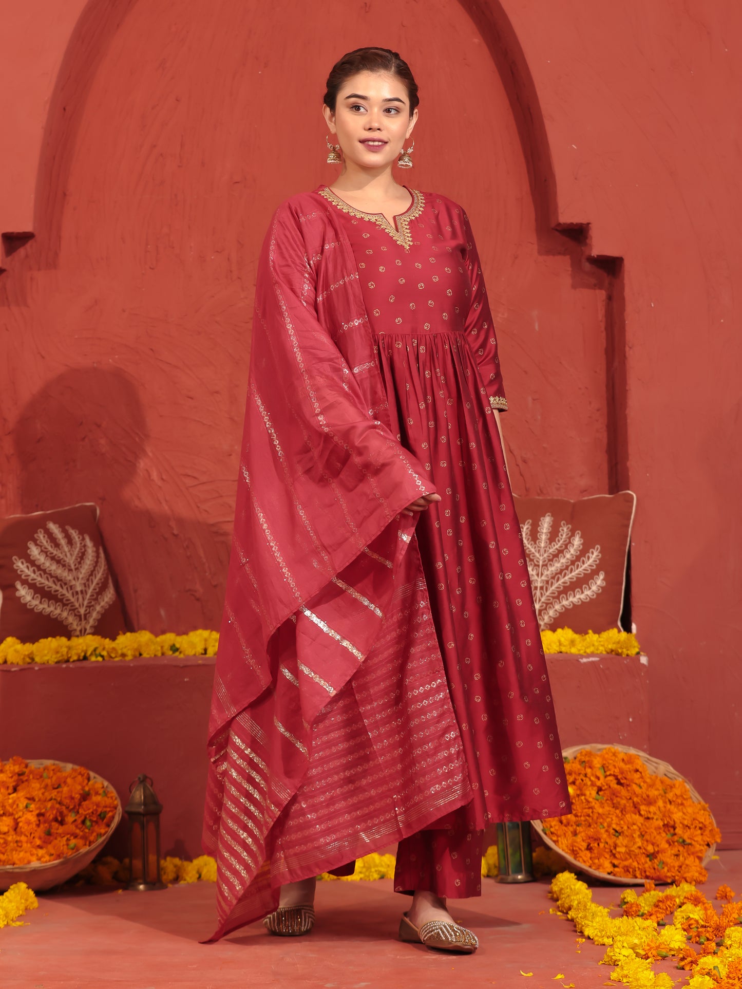 Embroidered Roman silk Gold foil Red Kurta