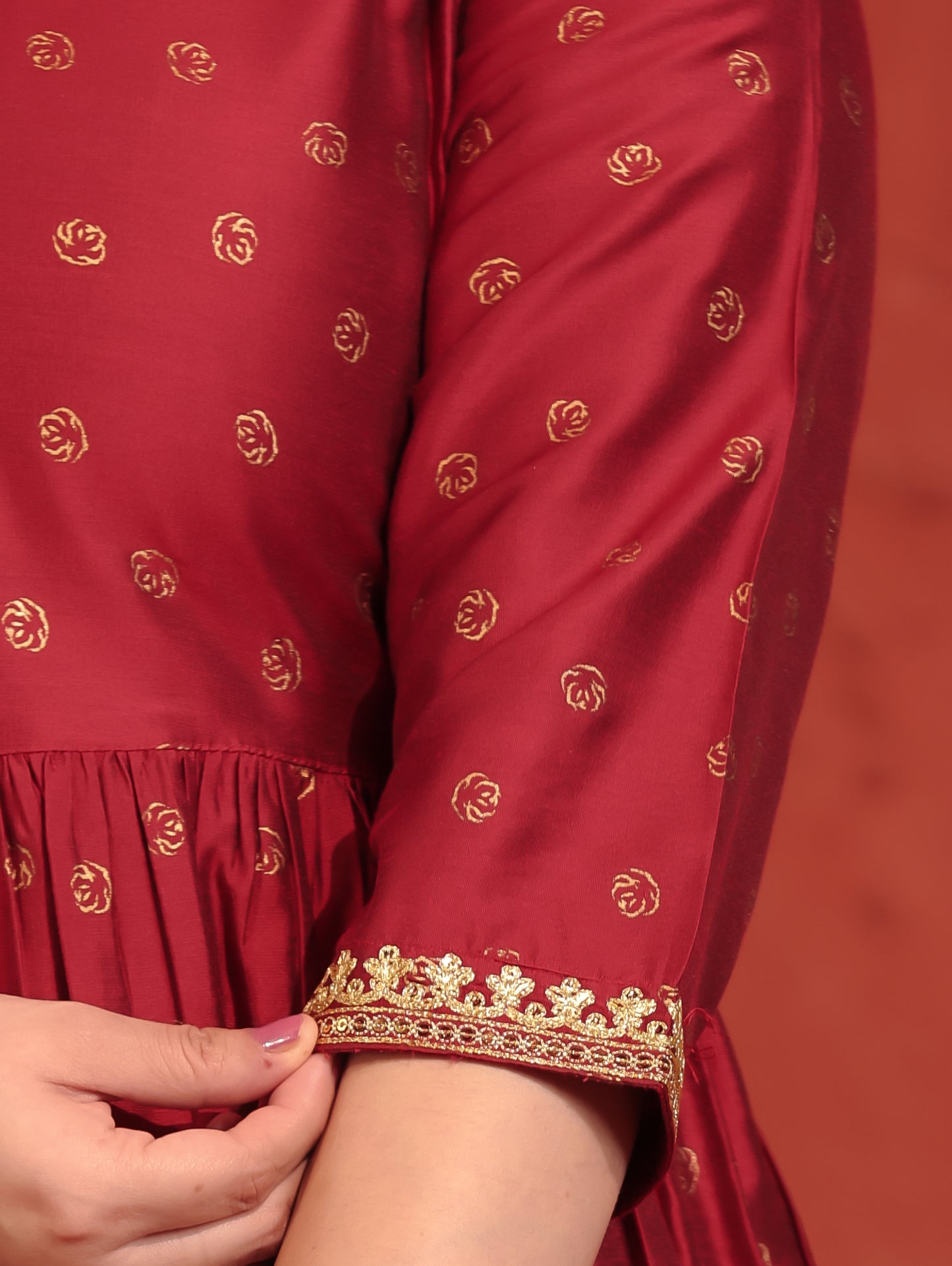 Embroidered Roman silk Gold foil Red Kurta