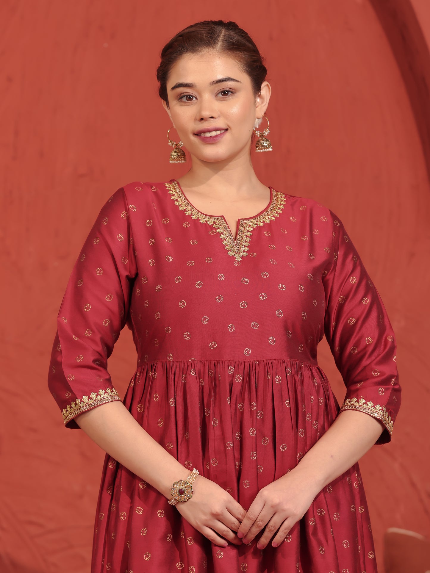 Embroidered Roman silk Gold foil Red Kurta