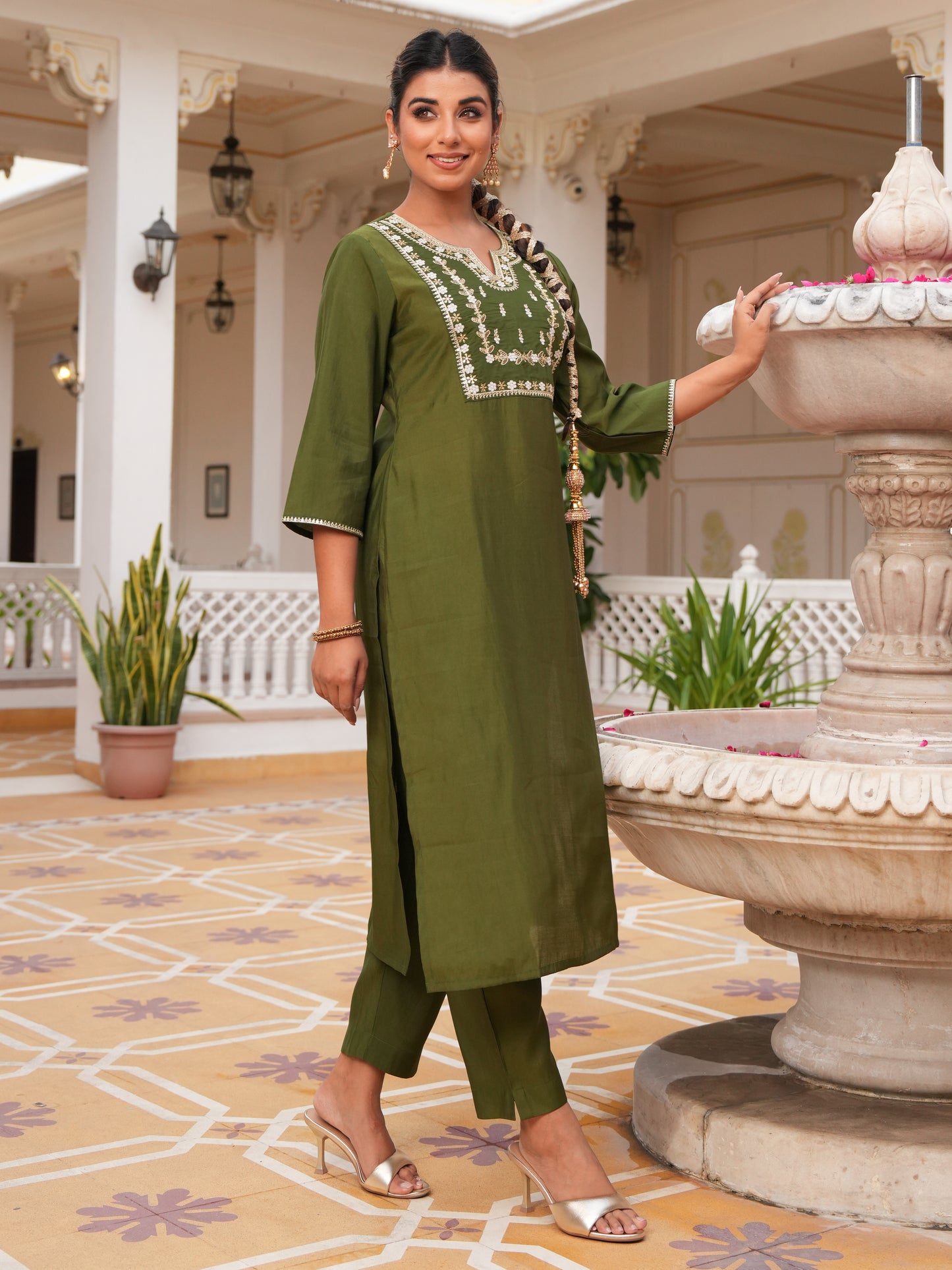 Embroidered Roman Silk Solid Green Kurta