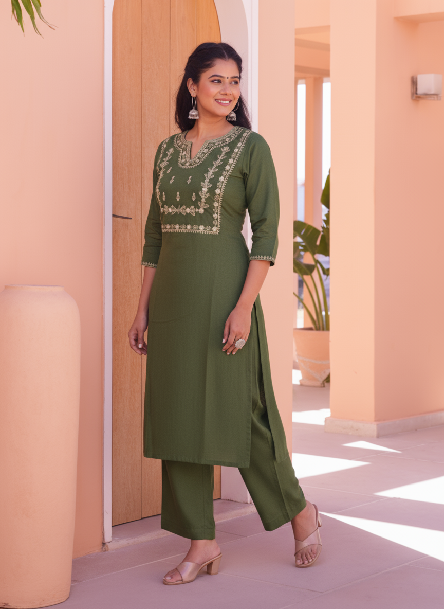 Embroidered Roman silk Solid Green Kurta