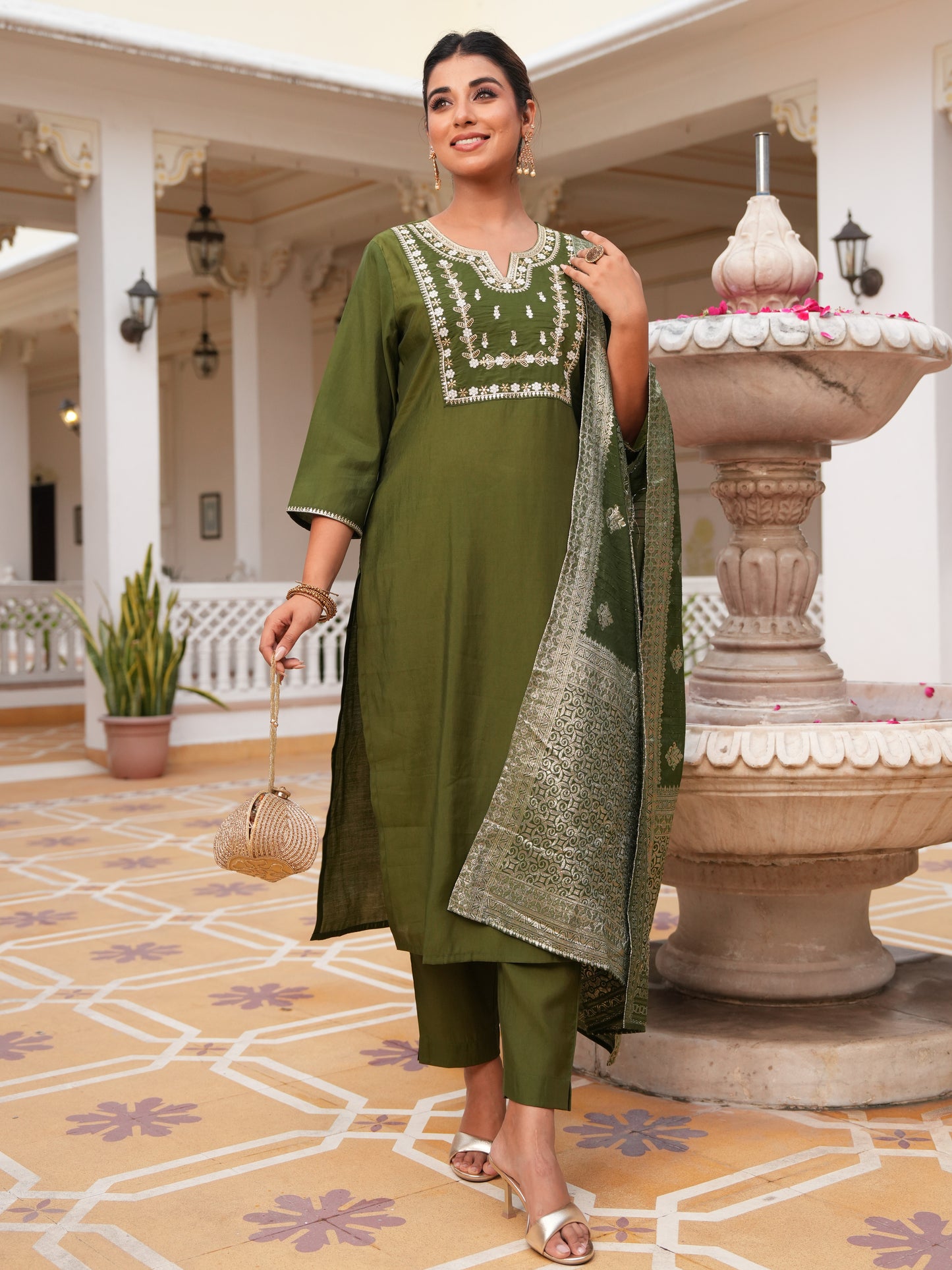 Embroidered Roman Silk Solid Green Kurta