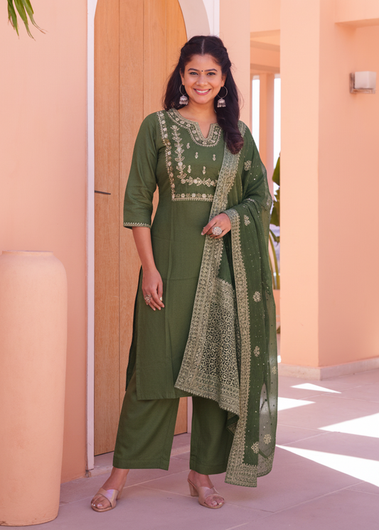 Embroidered Roman silk Solid Green Kurta