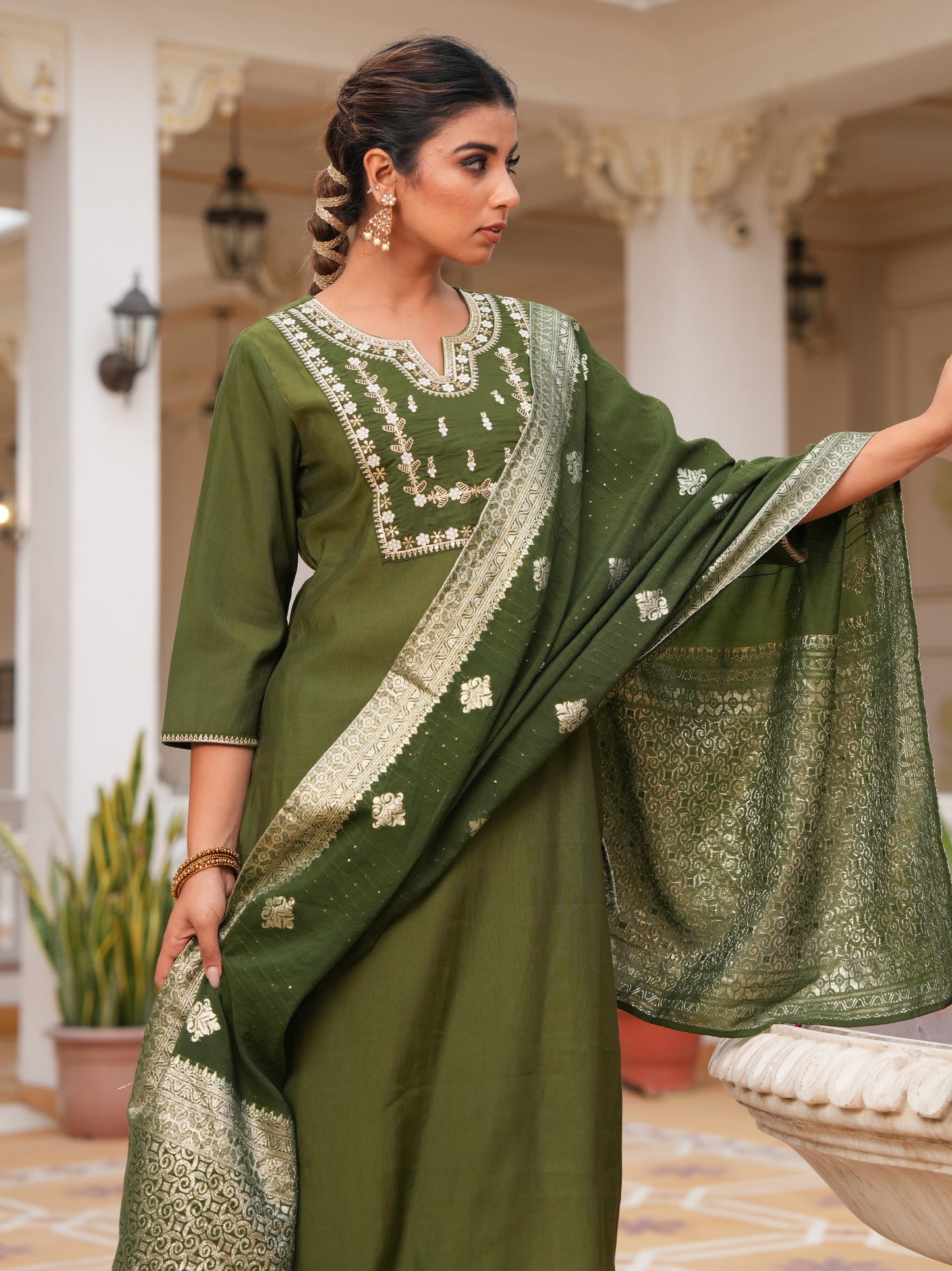 Embroidered Roman Silk Solid Green Kurta