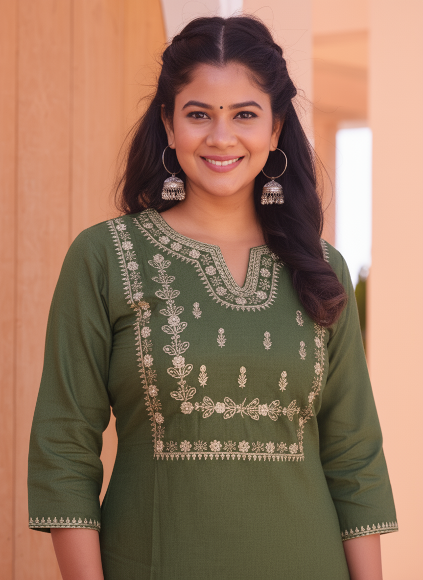 Embroidered Roman silk Solid Green Kurta