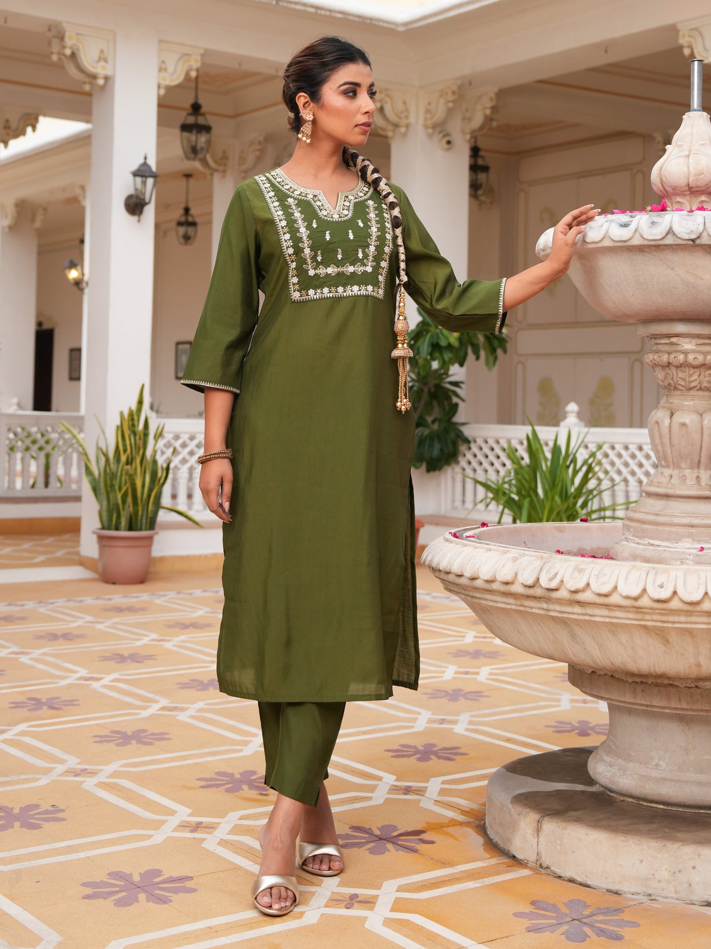 Embroidered Roman Silk Solid Green Kurta