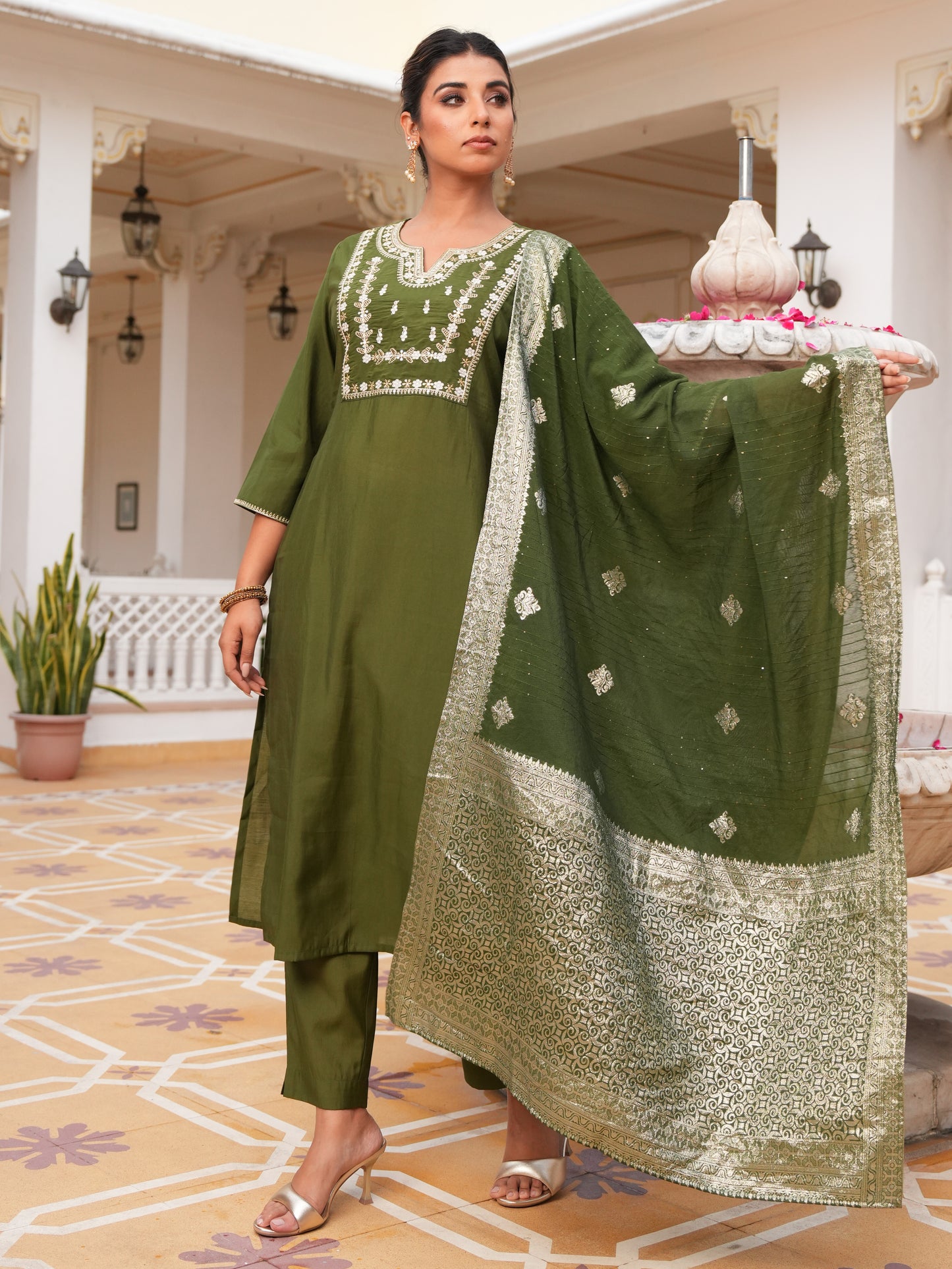 Embroidered Roman Silk Solid Green Kurta