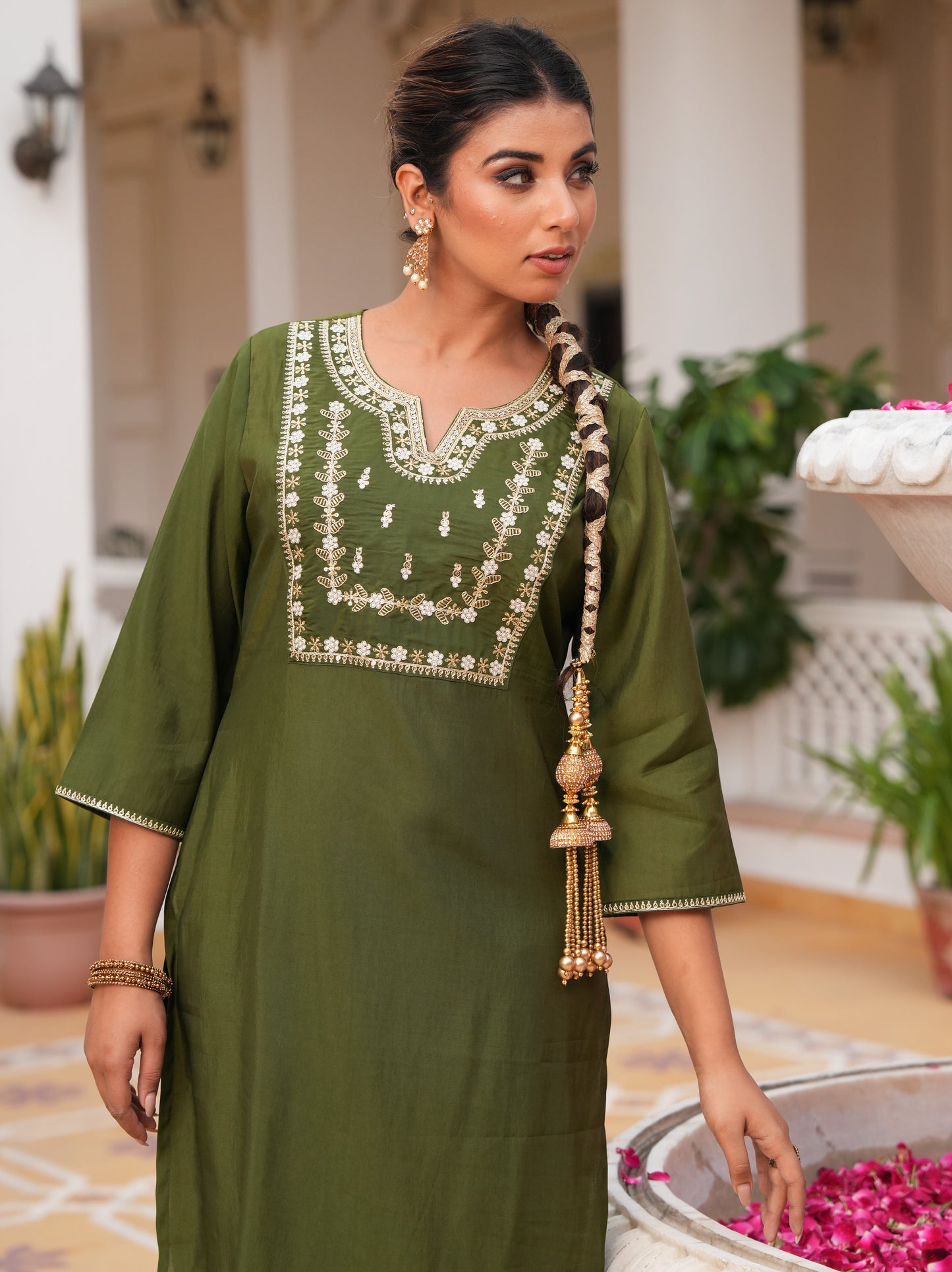 Embroidered Roman Silk Solid Green Kurta