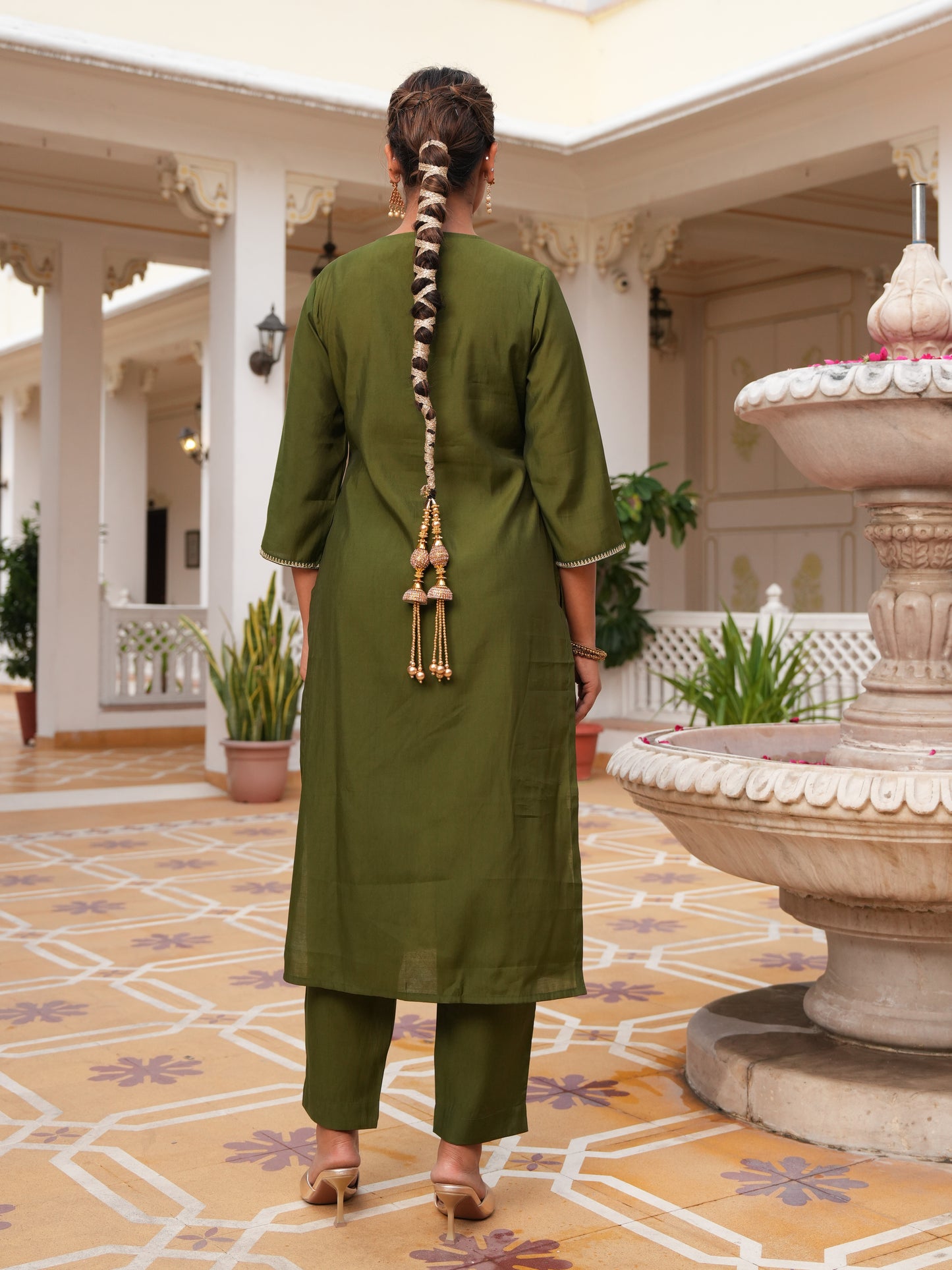 Embroidered Roman Silk Solid Green Kurta