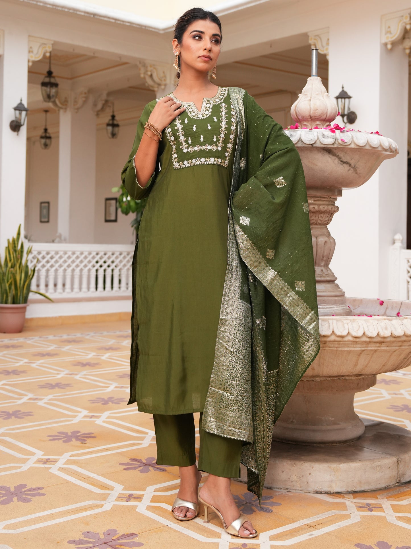 Embroidered Roman Silk Solid Green Kurta