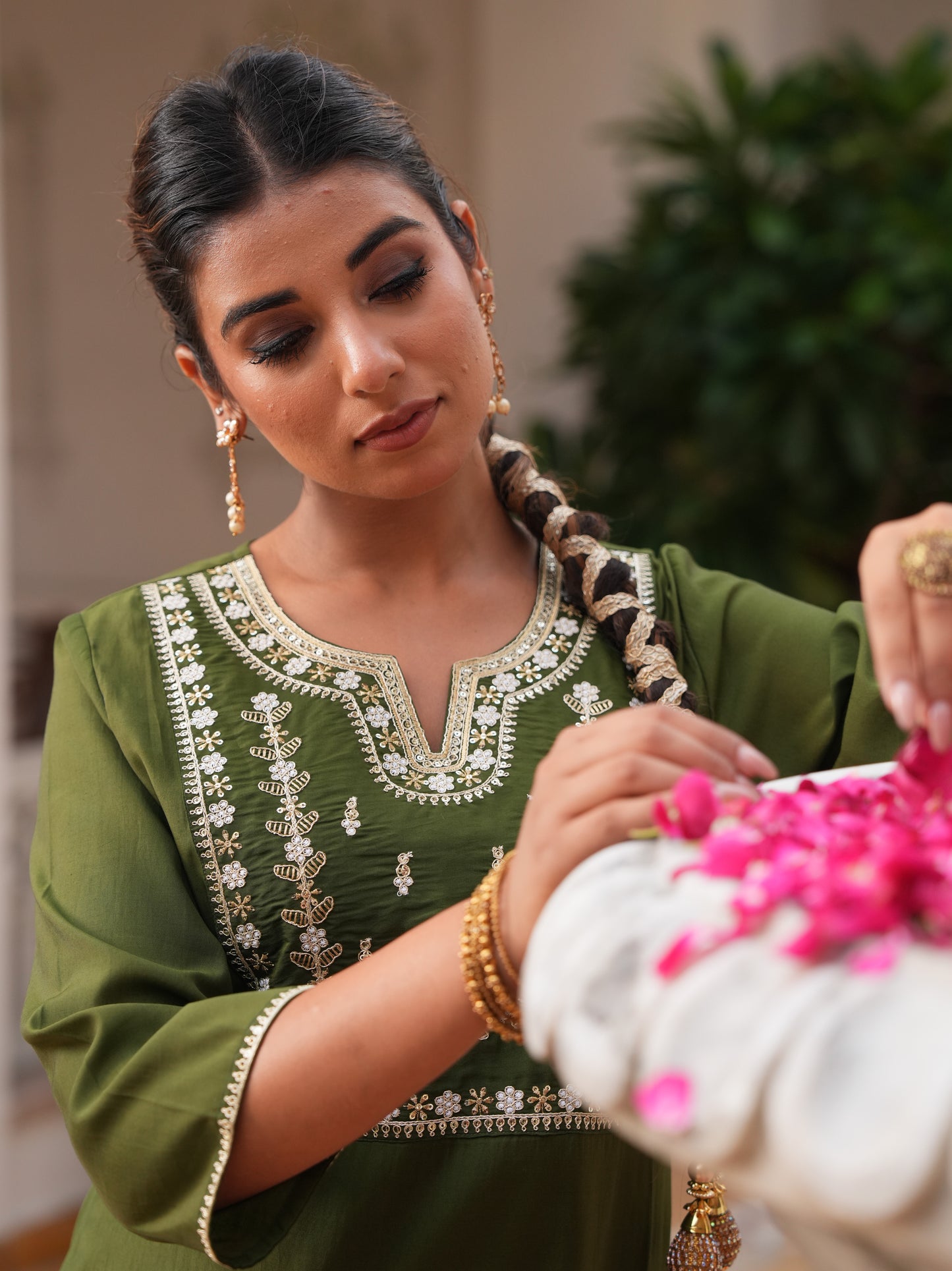 Embroidered Roman Silk Solid Green Kurta