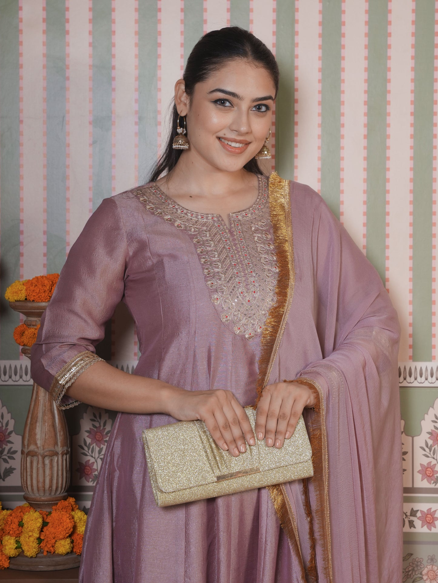 Embroidered Blended Silk Solid Anarkali Onion Pink Kurta