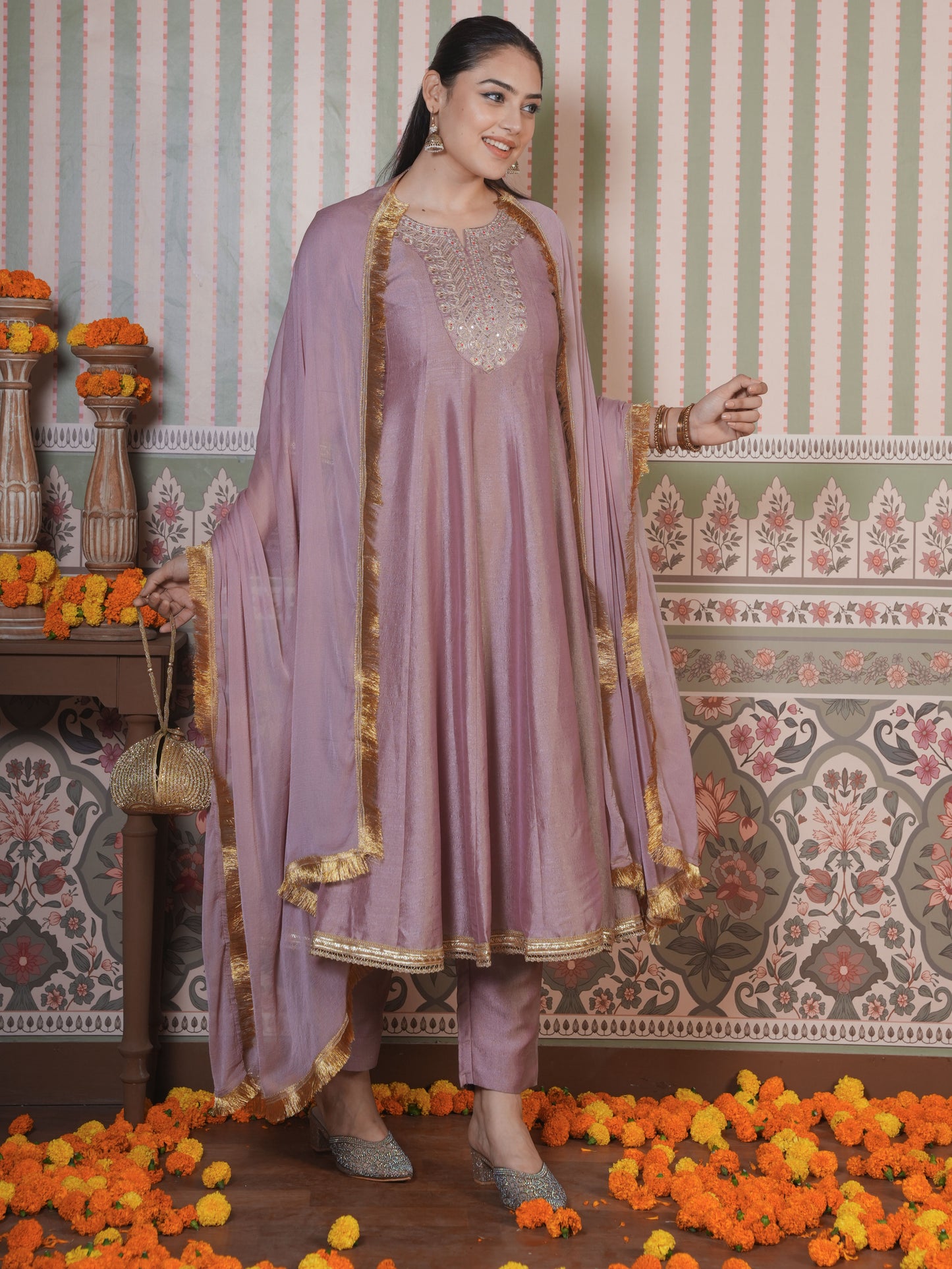 Embroidered Blended Silk Solid Anarkali Onion Pink Kurta