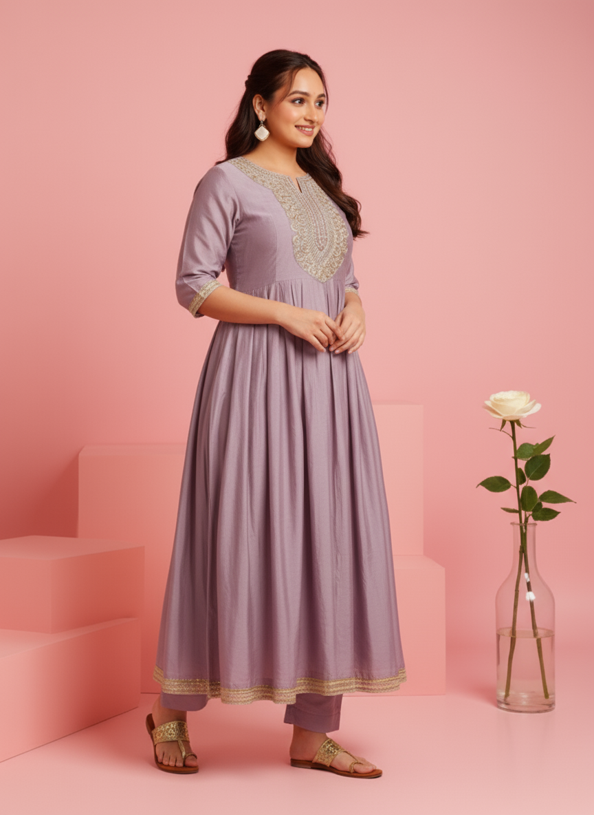 Embroidered Silk Blend Solid Onion Pink Kurta