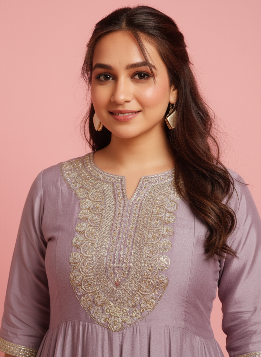 Embroidered Silk Blend Solid Onion Pink Kurta