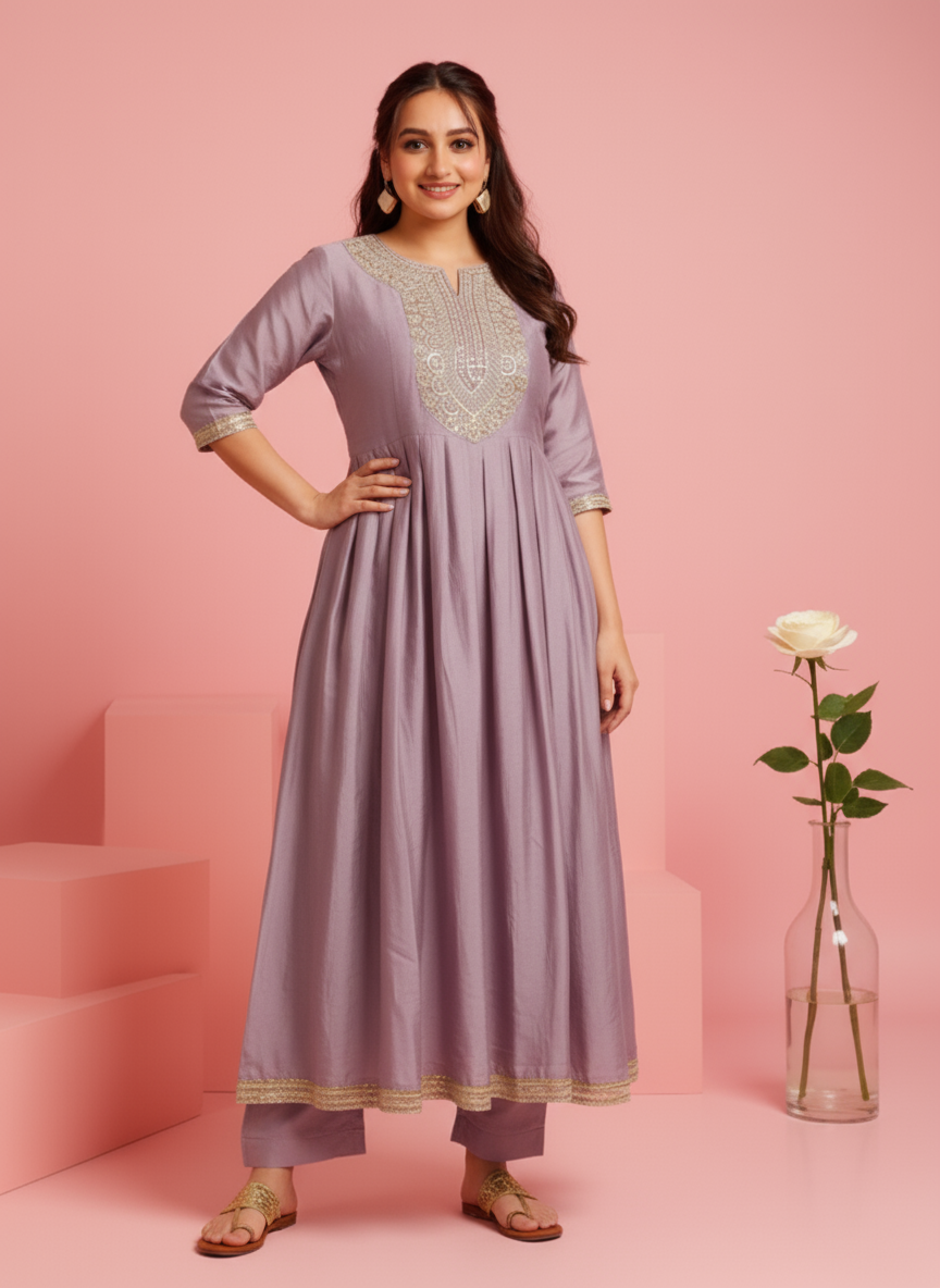Embroidered Silk Blend Solid Onion Pink Kurta