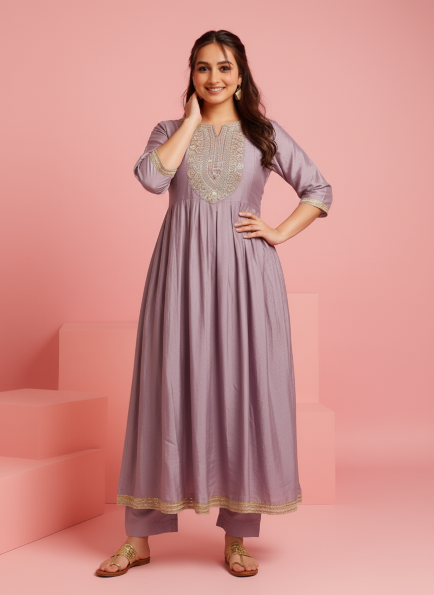 Embroidered Silk Blend Solid Onion Pink Kurta