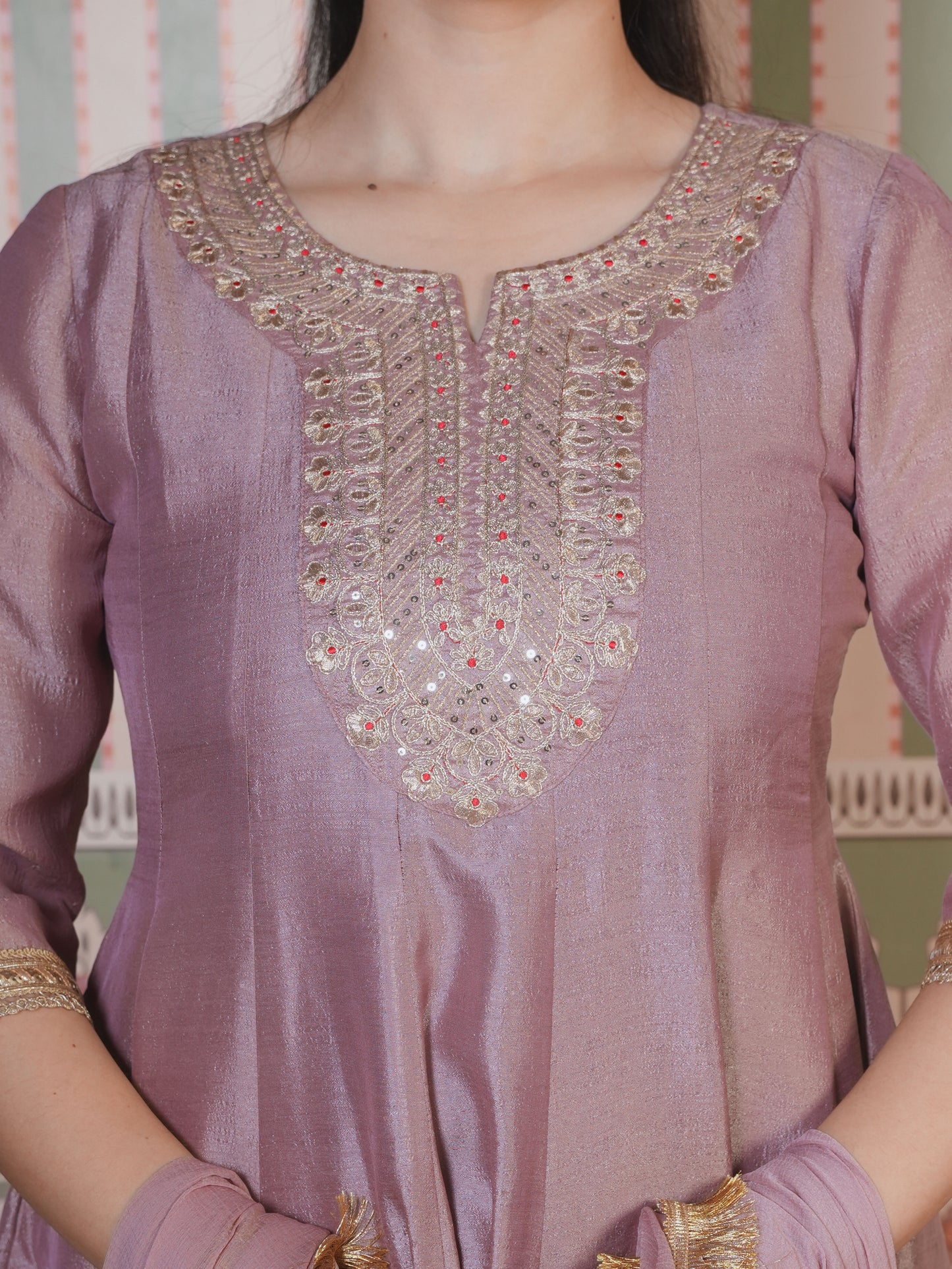 Embroidered Blended Silk Solid Anarkali Onion Pink Kurta