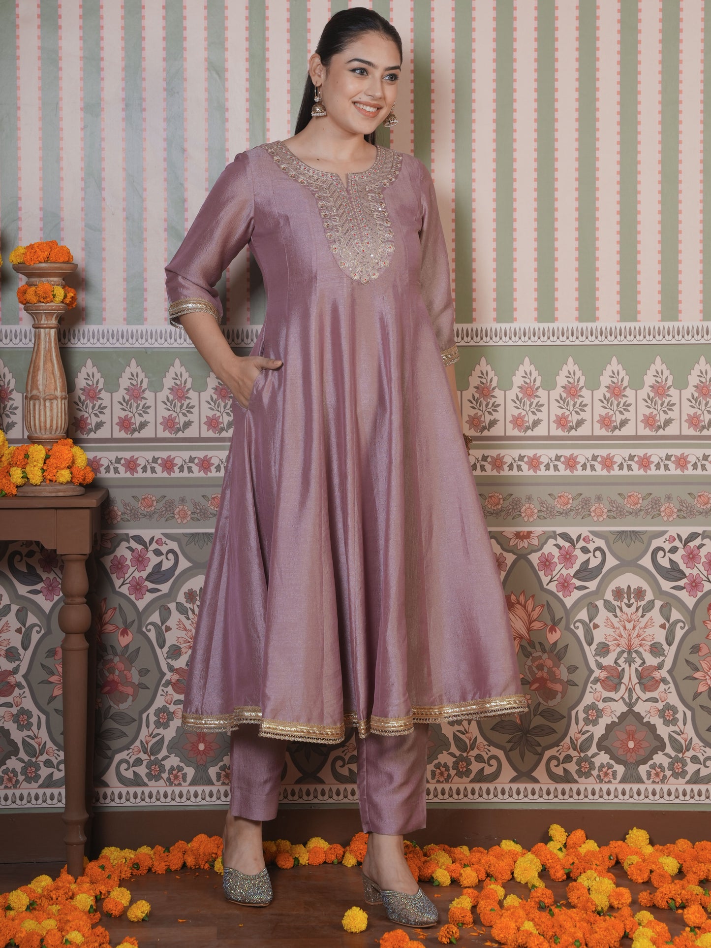 Embroidered Blended Silk Solid Anarkali Onion Pink Kurta