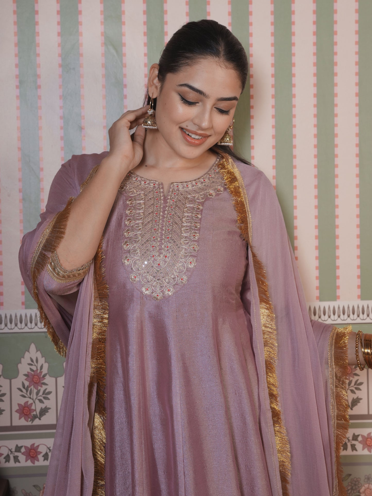 Embroidered Blended Silk Solid Anarkali Onion Pink Kurta