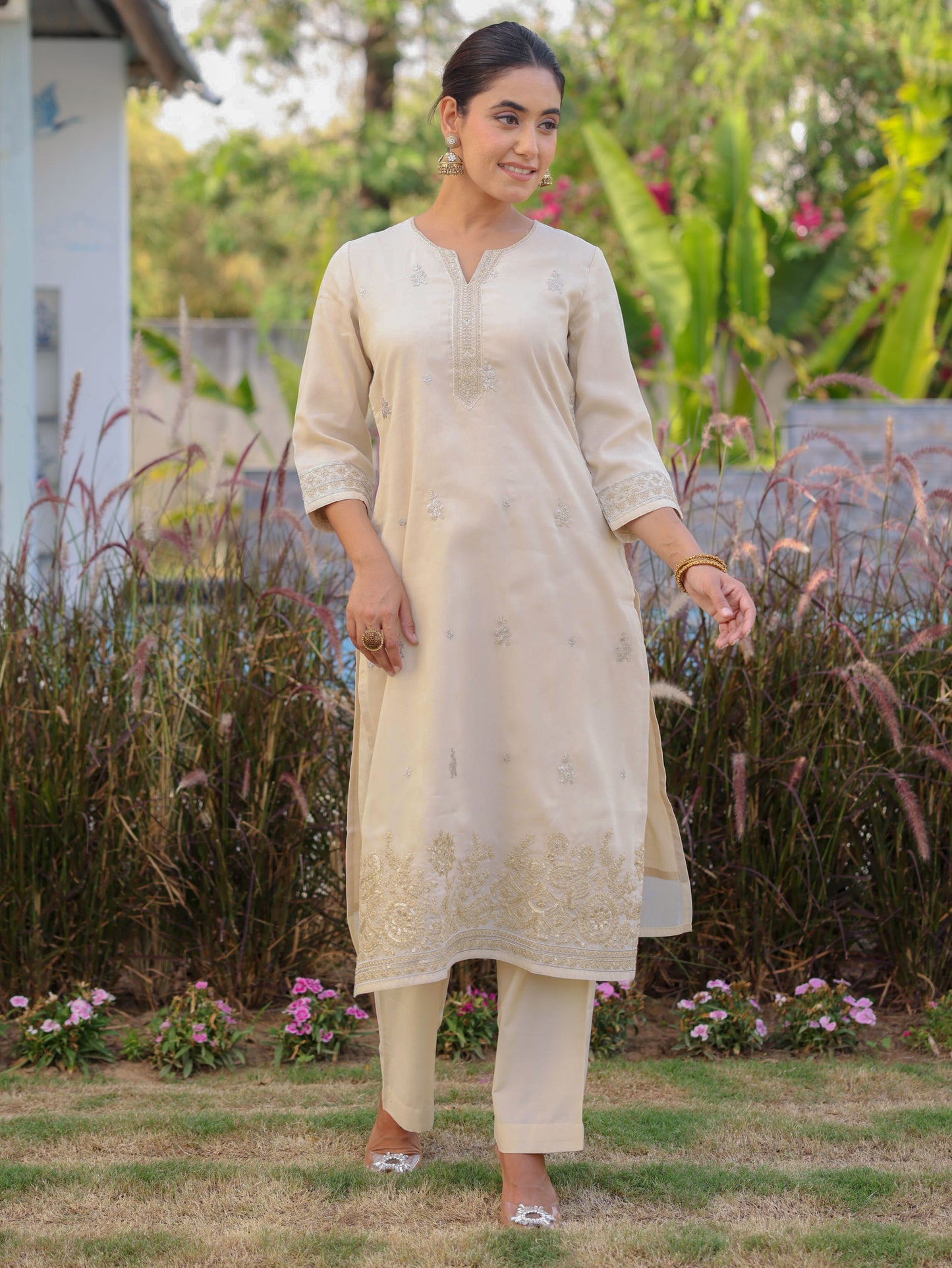Embroidered Tissue Solid Straight Off White Kurta