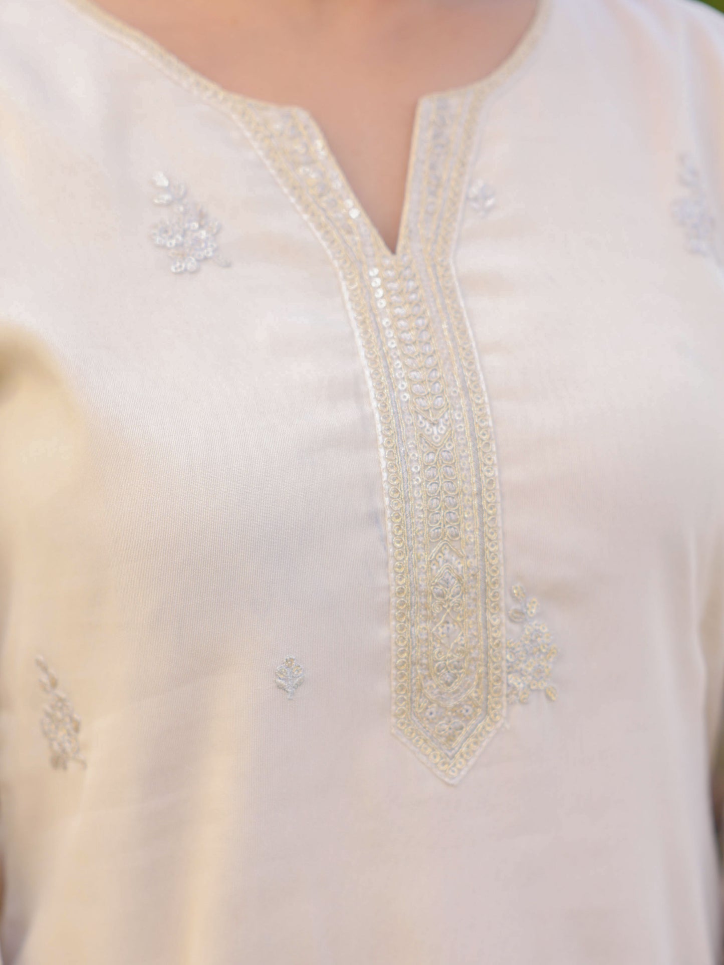 Embroidered Tissue Solid Straight Off White Kurta