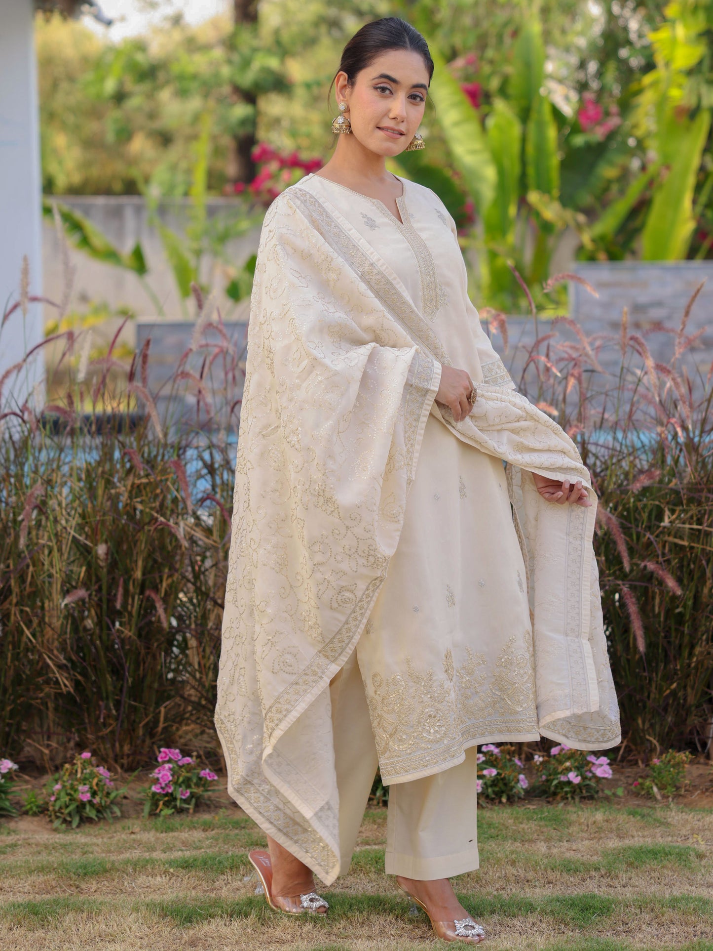 Embroidered Tissue Solid Straight Off White Kurta