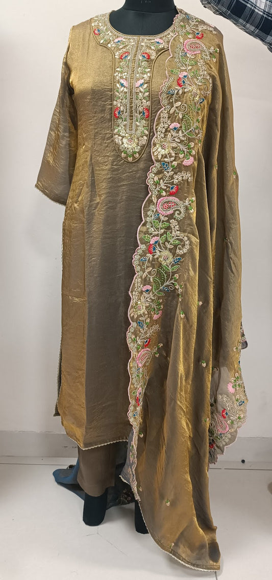 Embroidered Organza Gold Dupatta