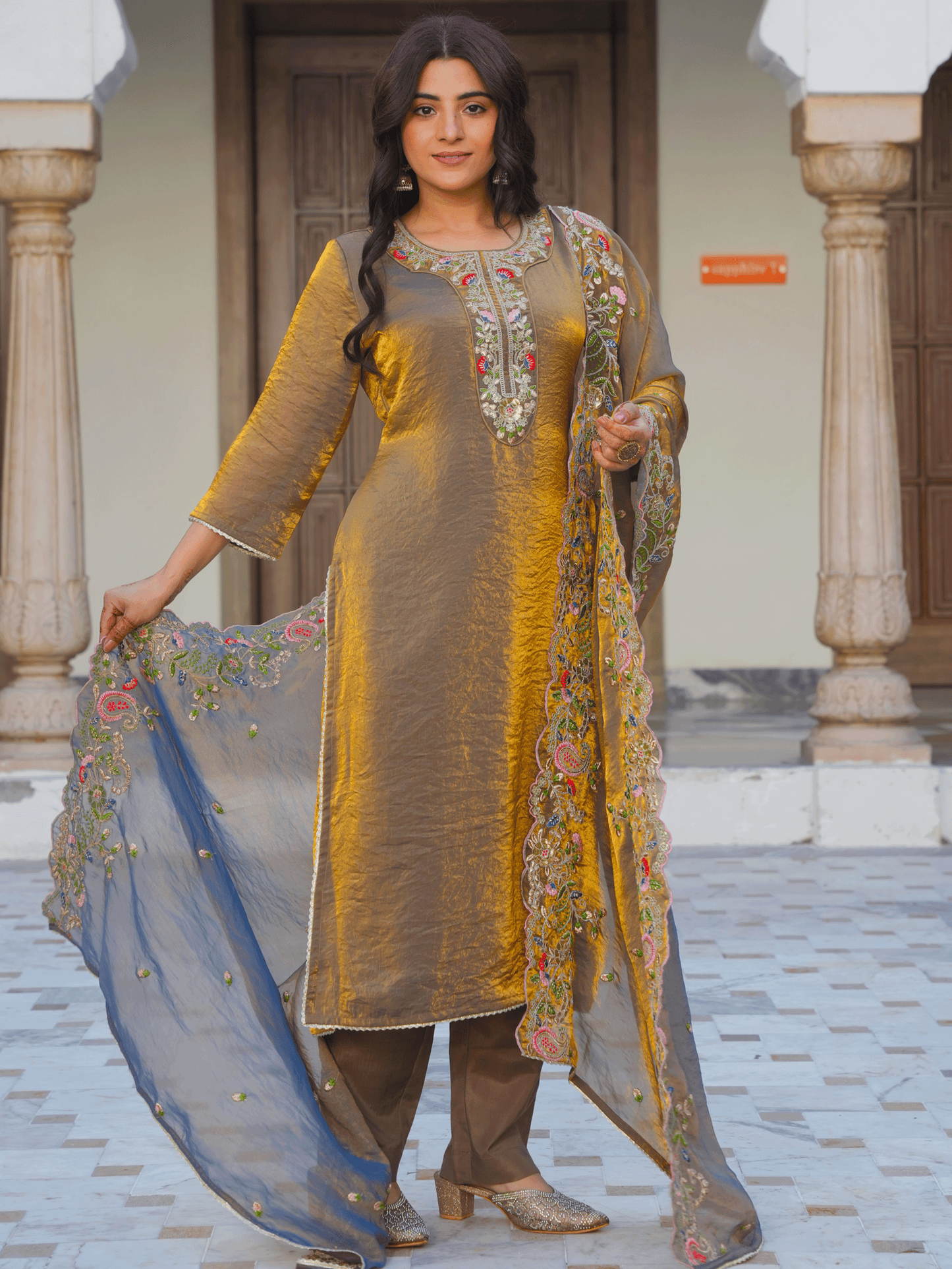 Embroidered Organza Gold Dupatta