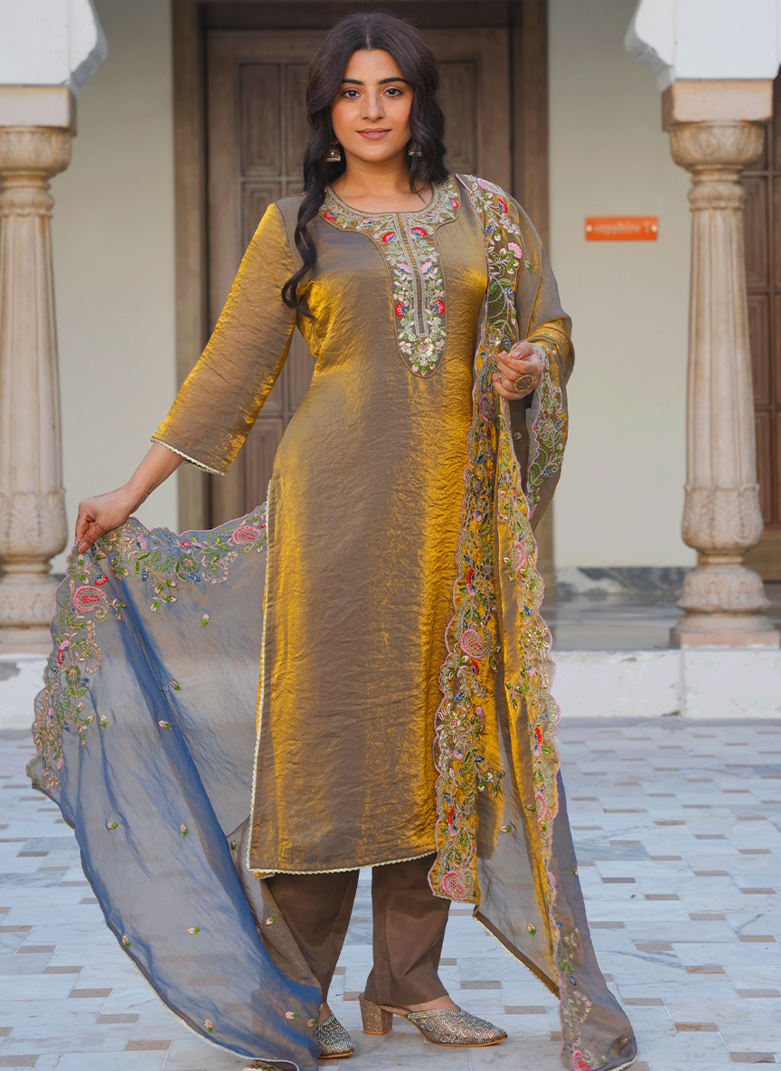 Embroidered Organza Solid Gold Kurta