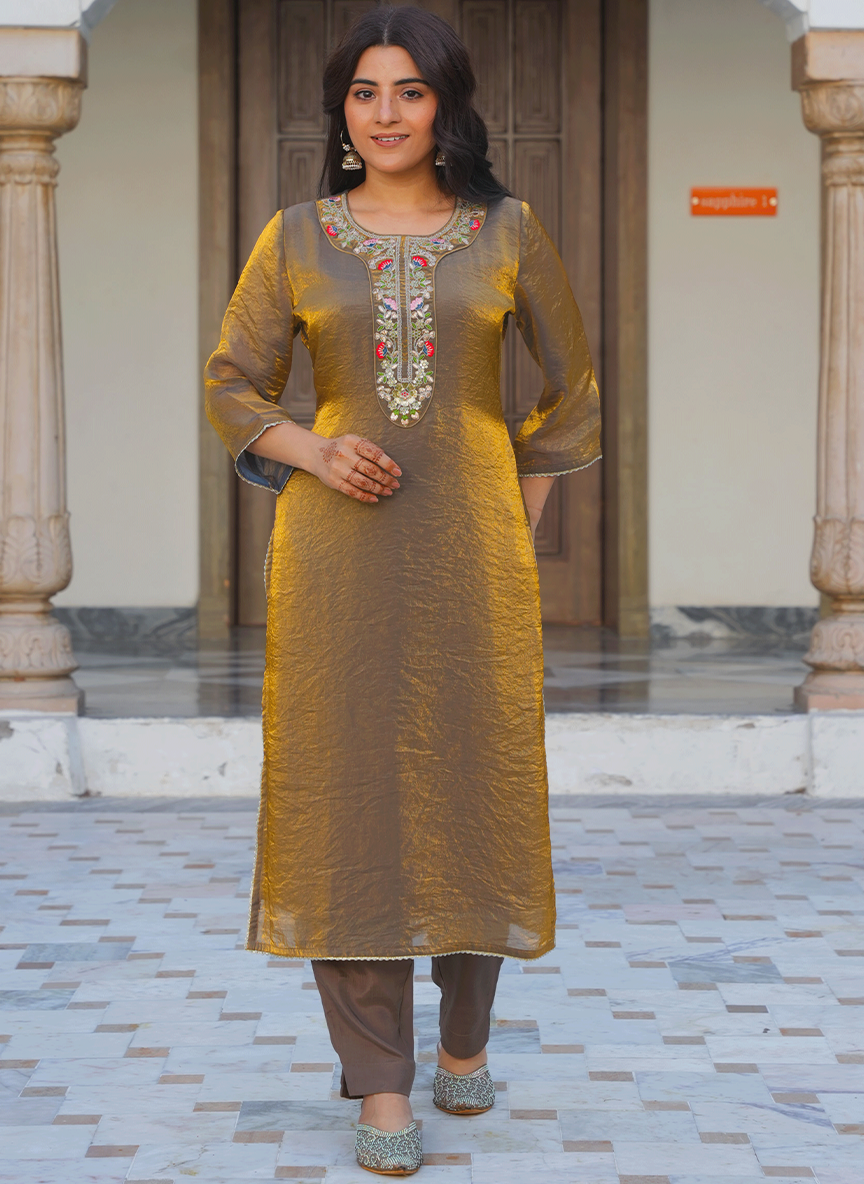 Embroidered Organza Solid Gold Kurta